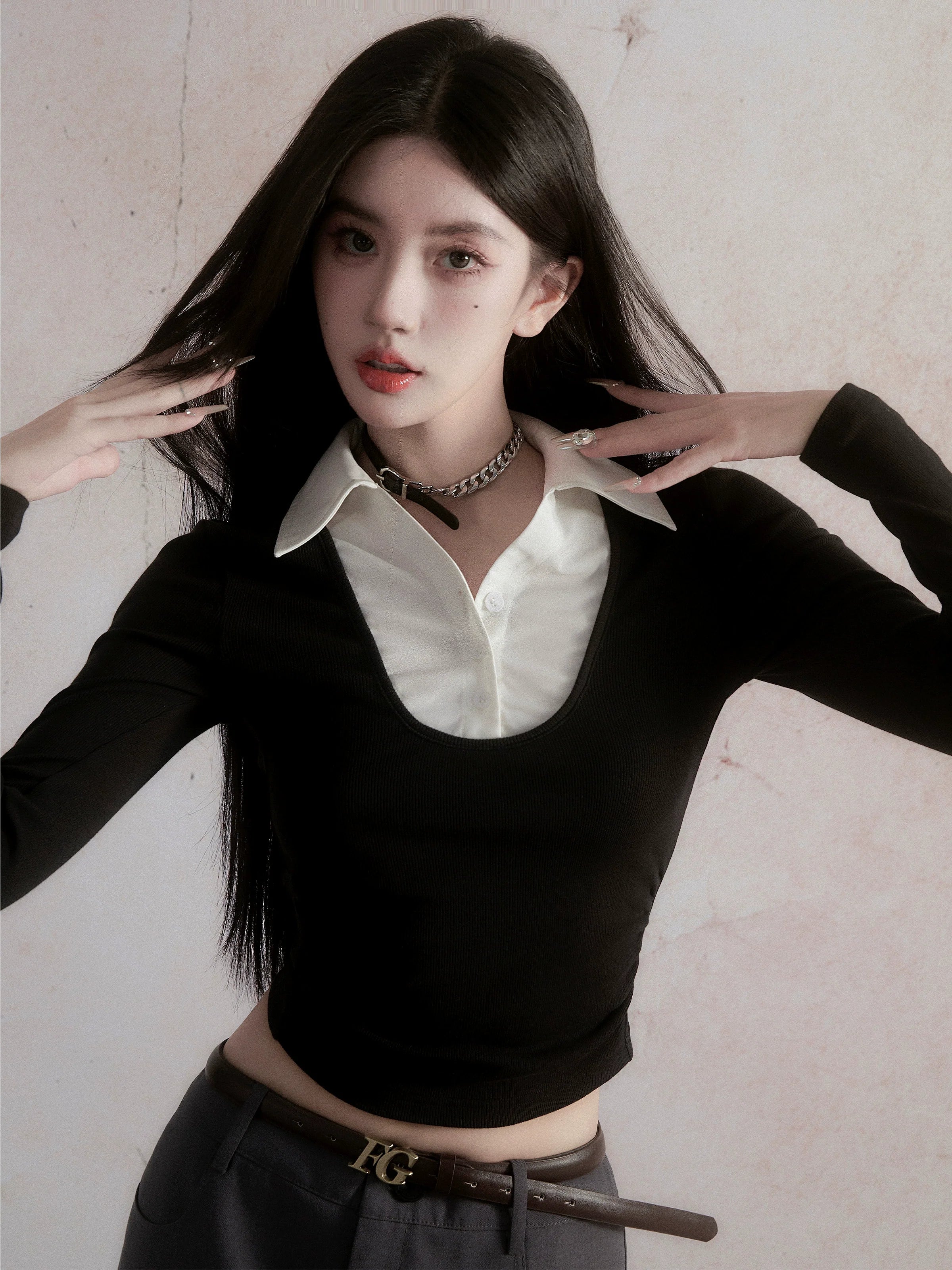 Collared Contrast Long Sleeve Crop Top