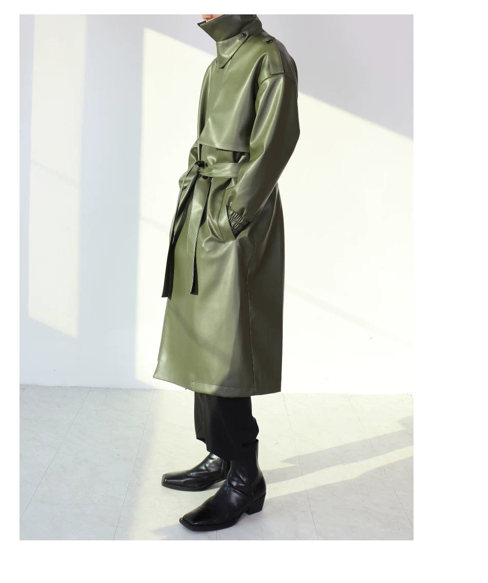Noir Eclipse Belted Faux Leather Trench Coat