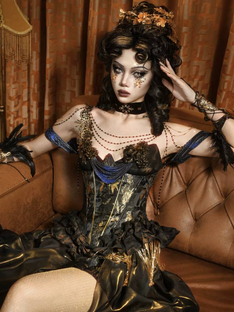 Victorian Steampunk Corset Dress - Gold Satin Gothic Ball Gown