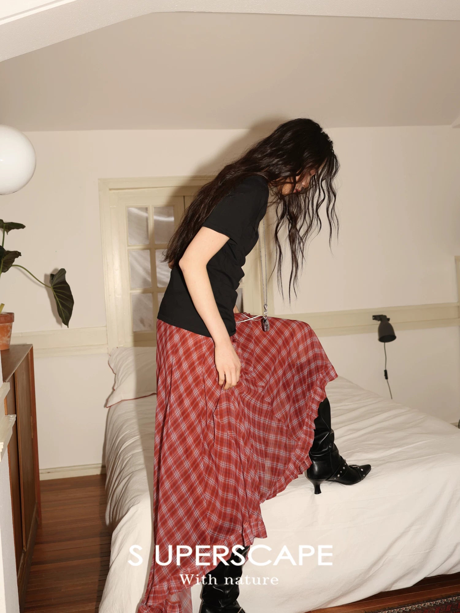 Plaid Chiffon Asymmetric Hem Skirt - red plaid motion view