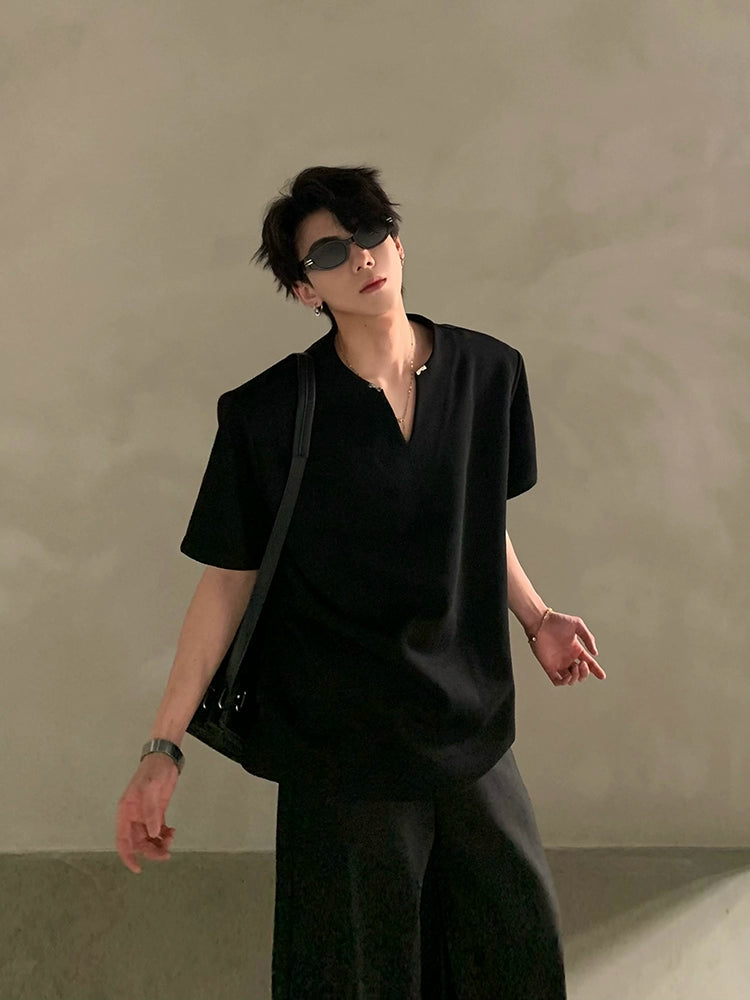 Minimalist Short Sleeve Shirt with V Notch Neckline