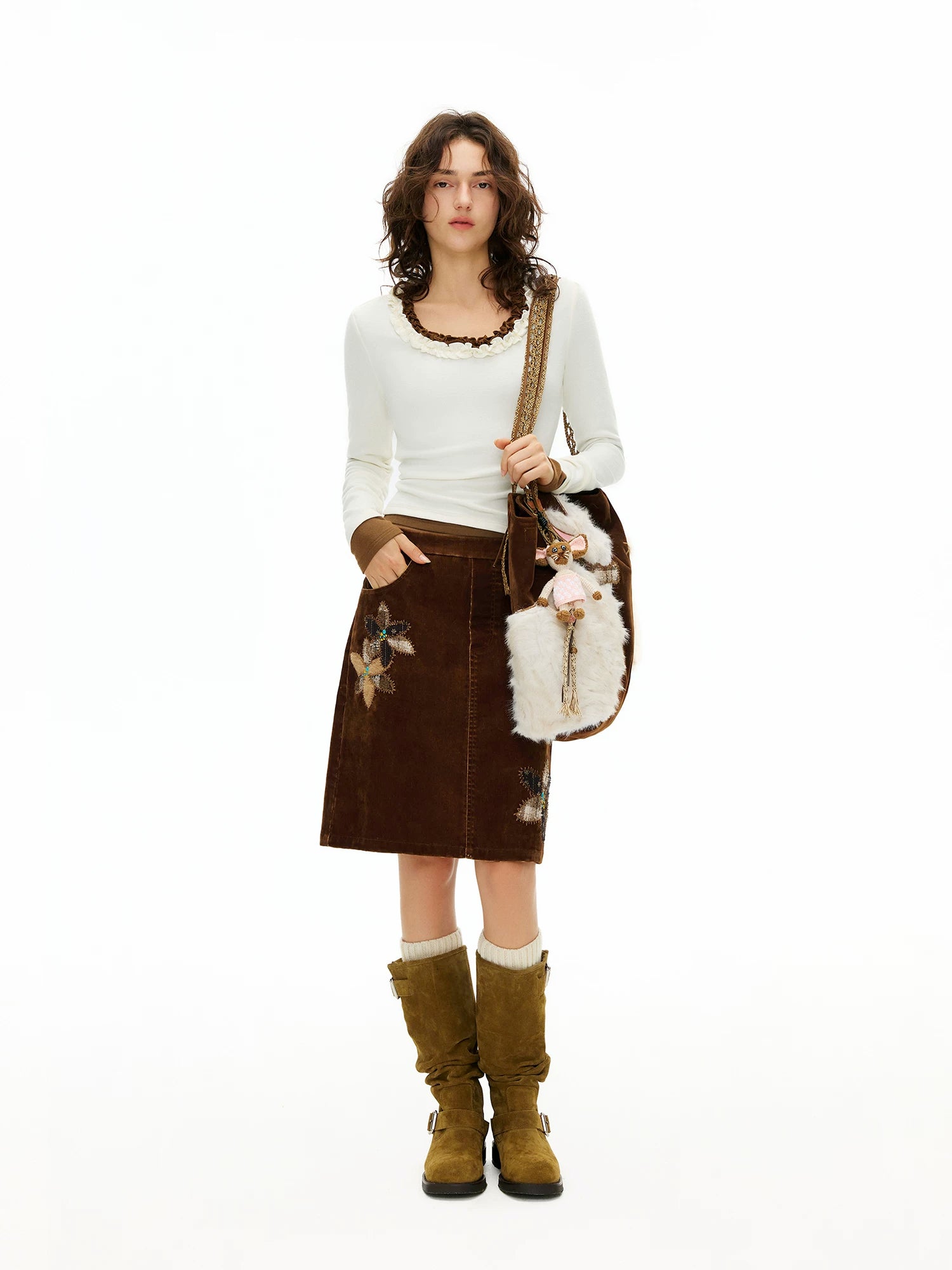 Ruffled Cocoa Butter Scoop Knit Top