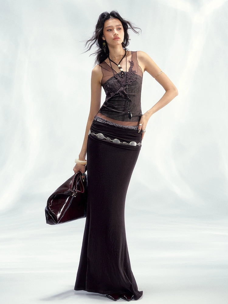Brown Mesh Lace Sleeveless Blouse