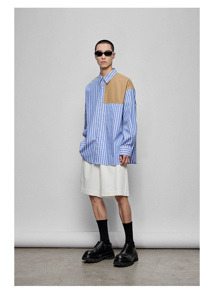 Color-Block Patchwork Pocket Oversized Shirt