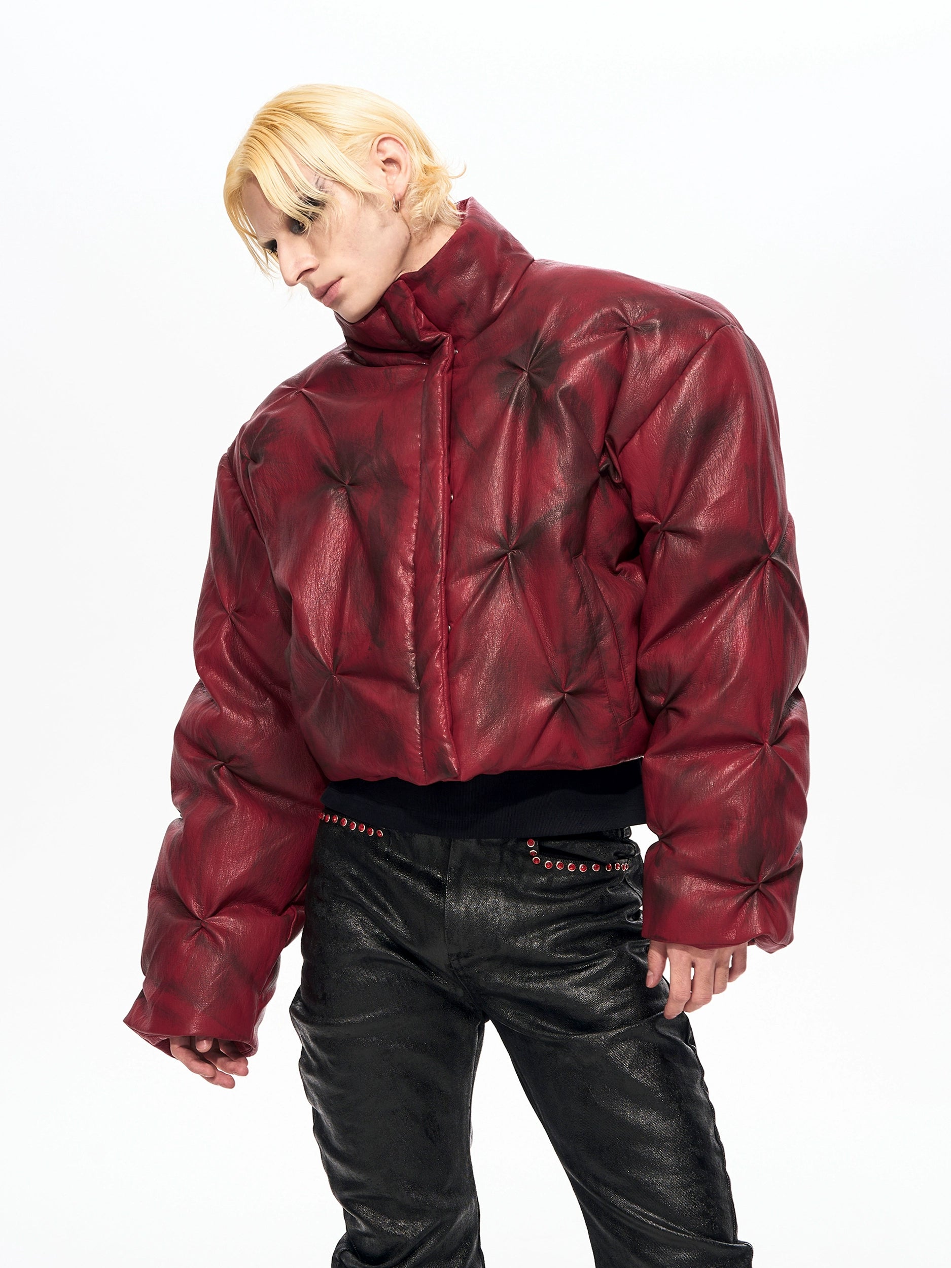Crimson Storm Oversized Leather Puffer Jacket