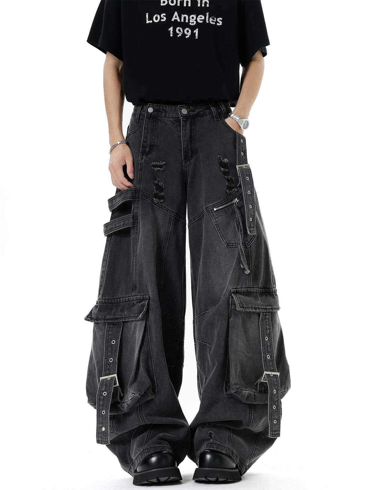 Harness-Ruined Cargo Denim Pants