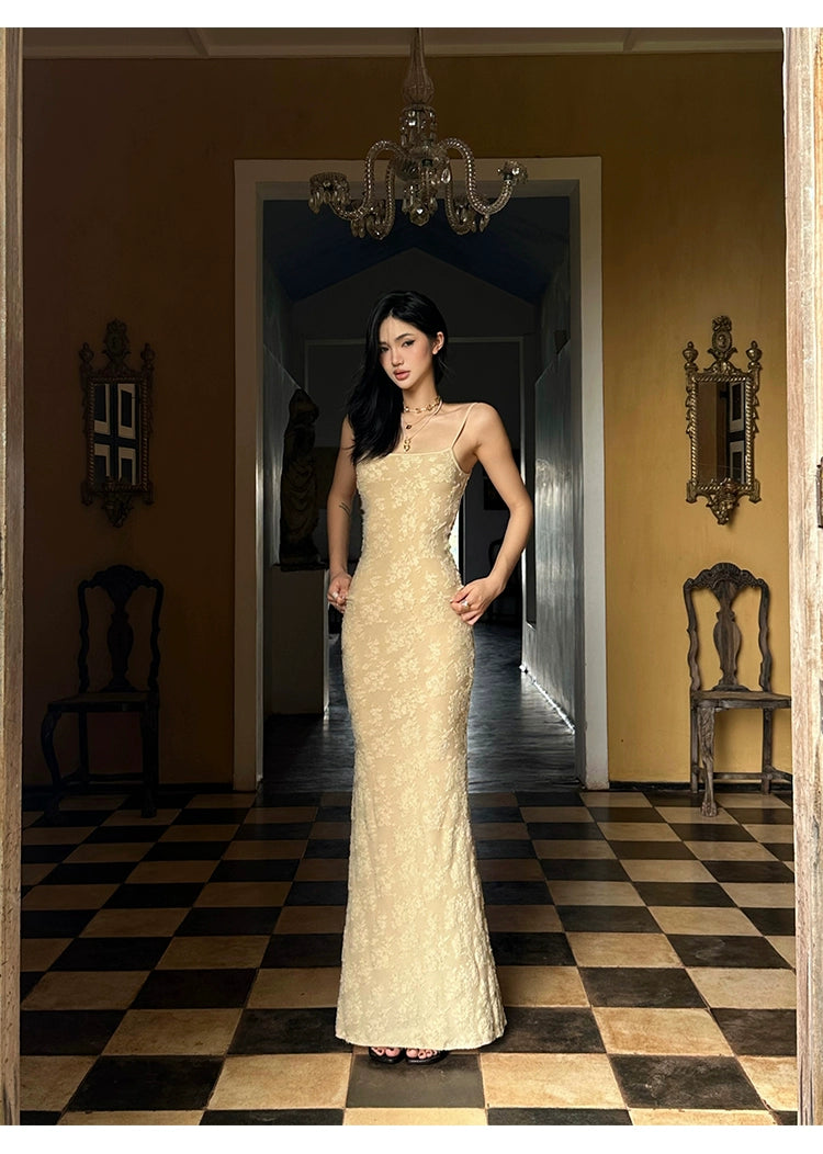 Beige Lace Mermaid Maxi Dress