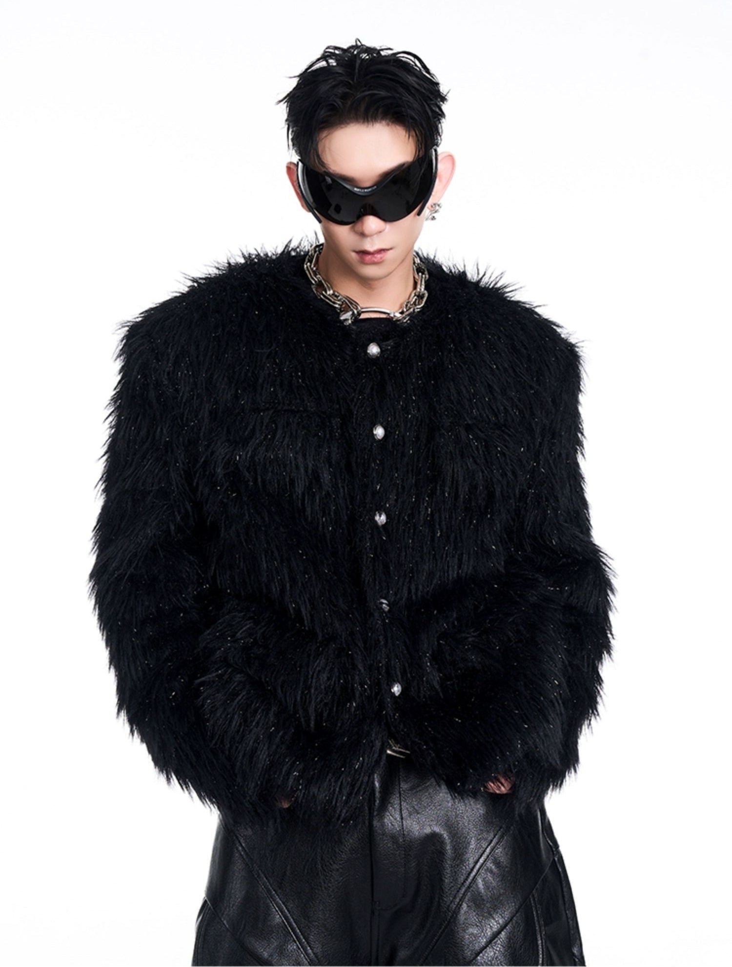 Shaggy Faux Fur Coat with Crystal Button Details