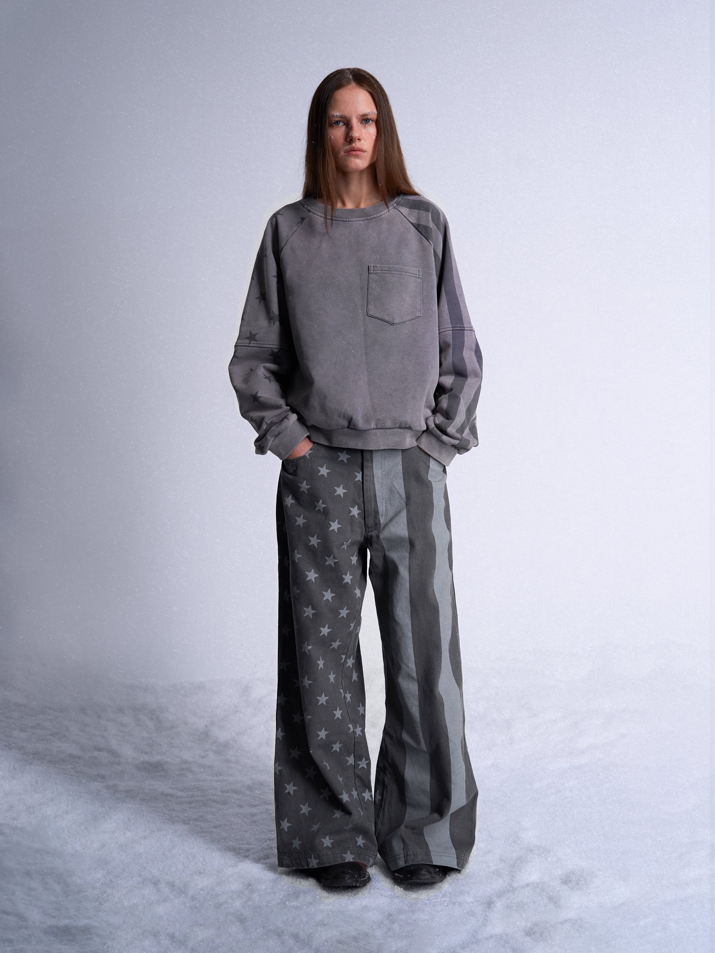 Dark Gray Stars & Stripes Wide‑Leg Jeans