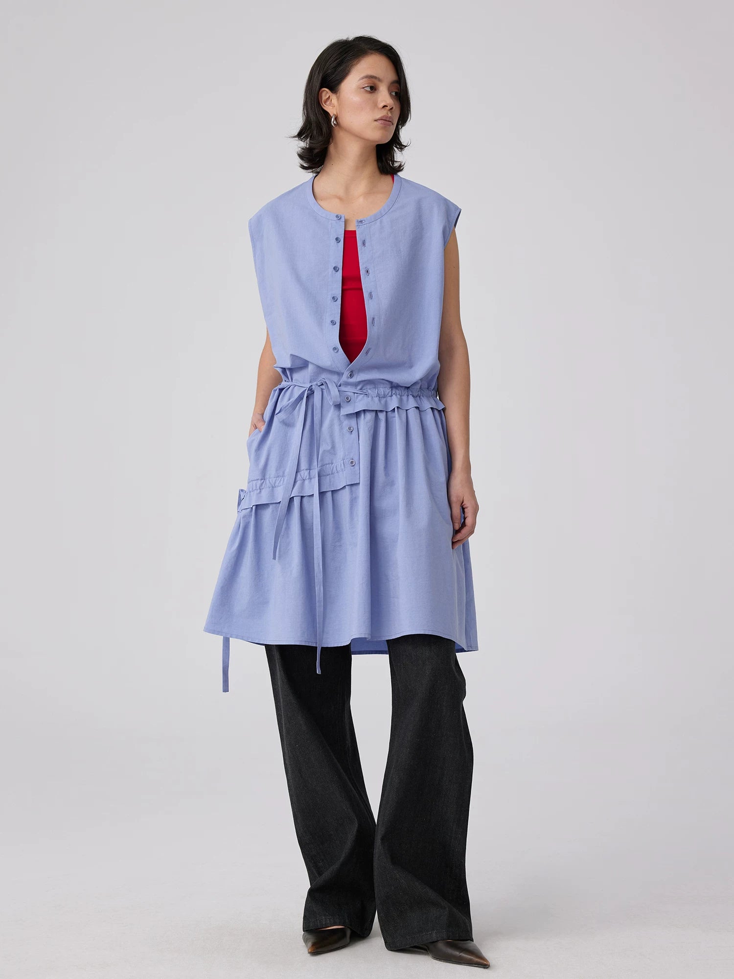 Sleeveless Button-Front Tie-Waist Dress