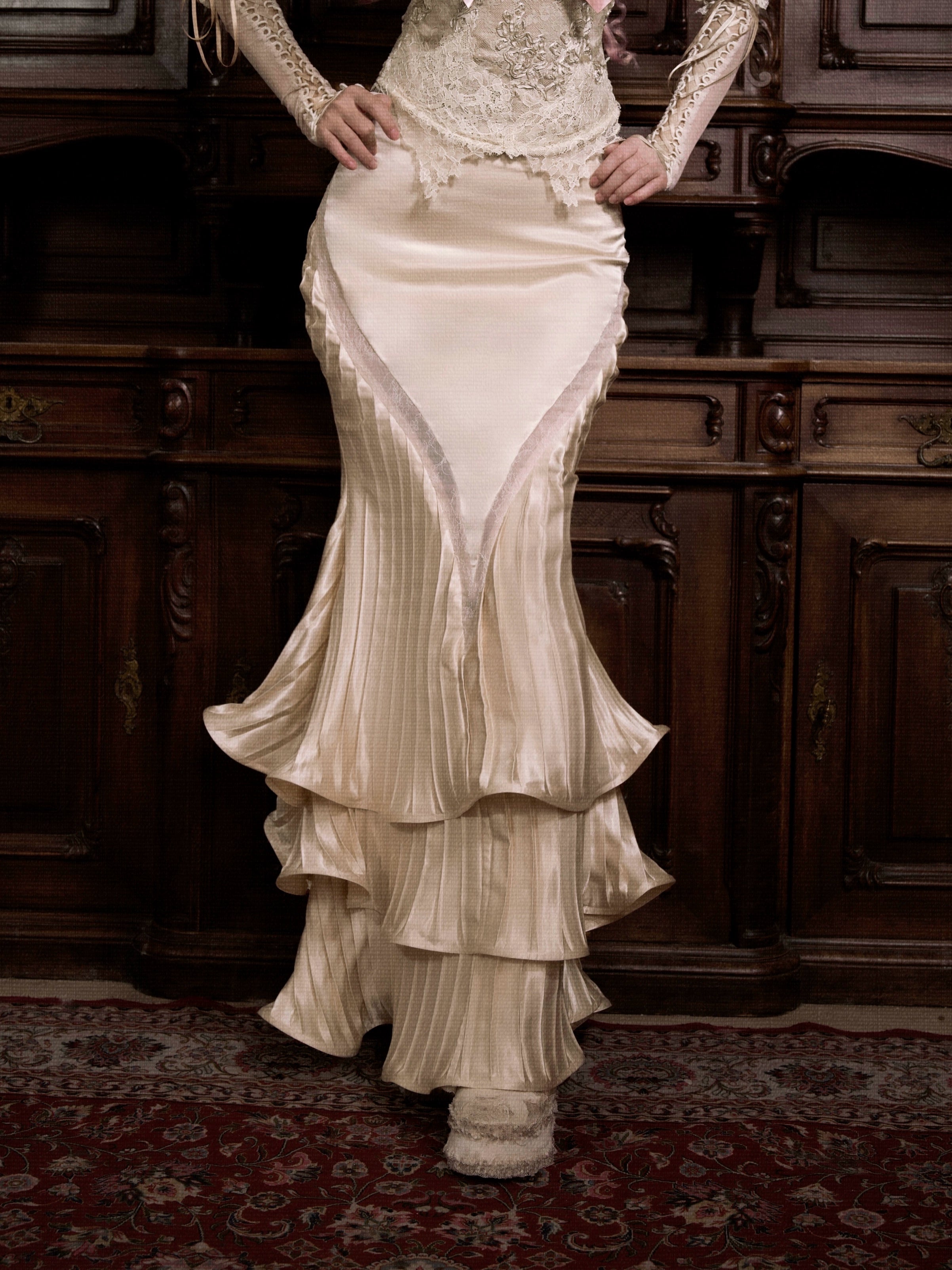 Ivory Satin Ruffled Mermaid Skirt