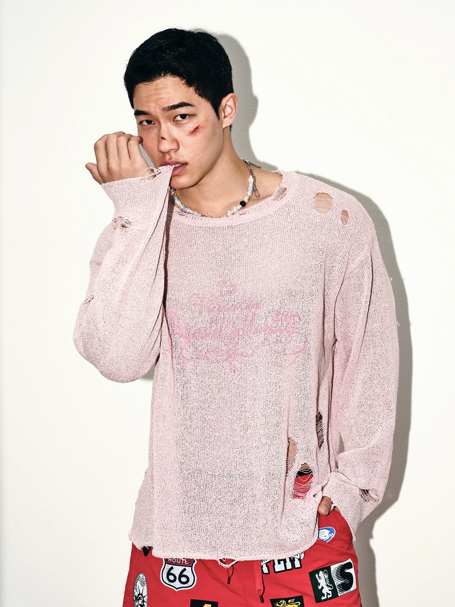 Blush Distressed Oversize Knit Sweater