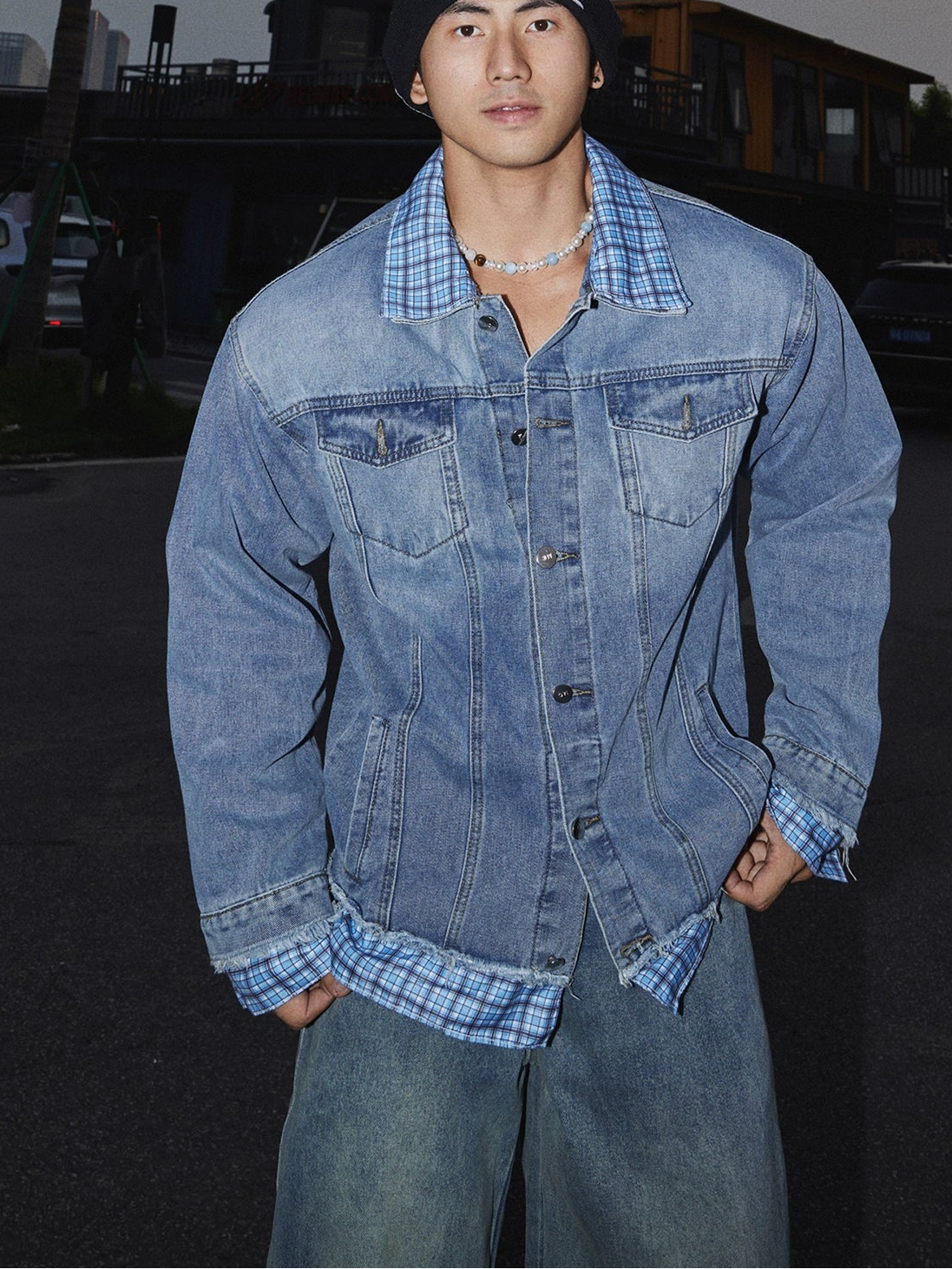 Layered Plaid Collar Denim Jacket