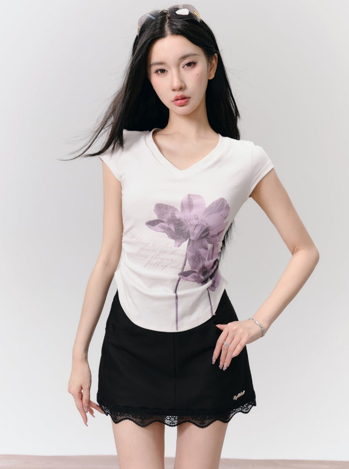 Watercolor Floral Cap Sleeve Ruched T-Shirt