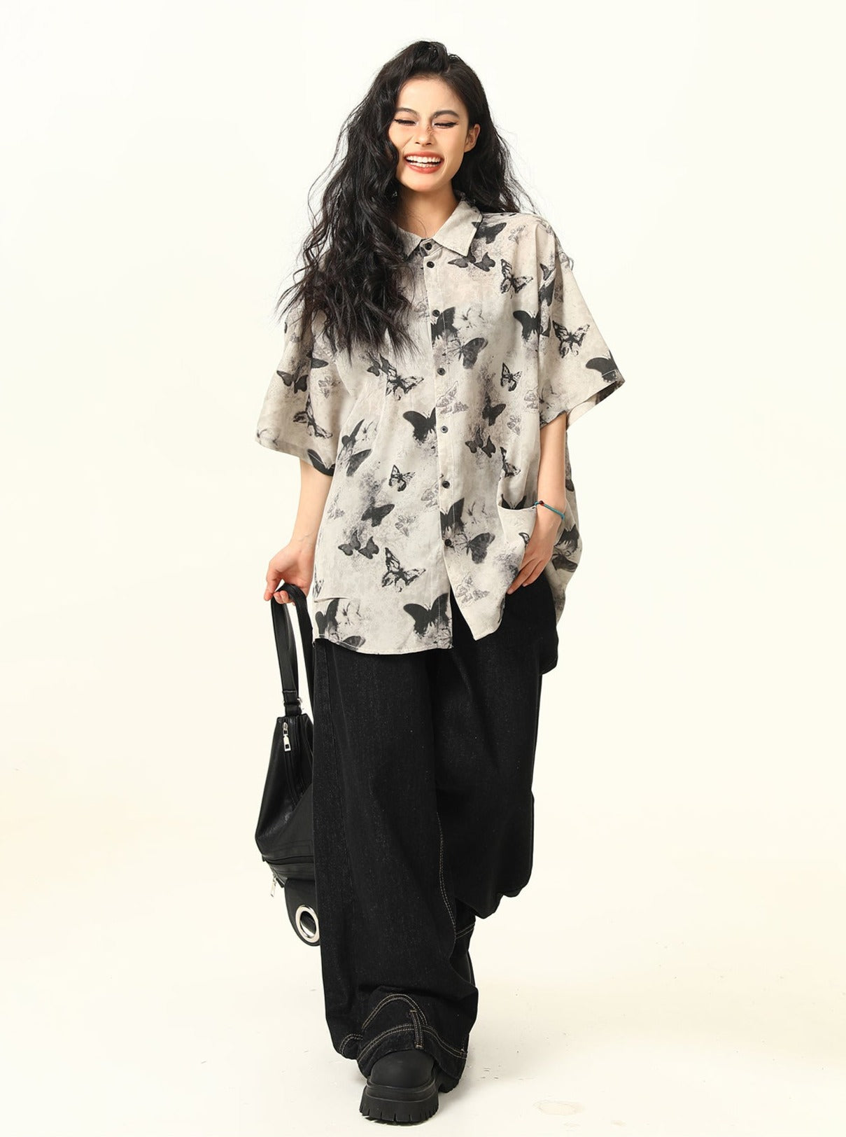 Butterfly Print Pattern Oversized Button-Down Shirt