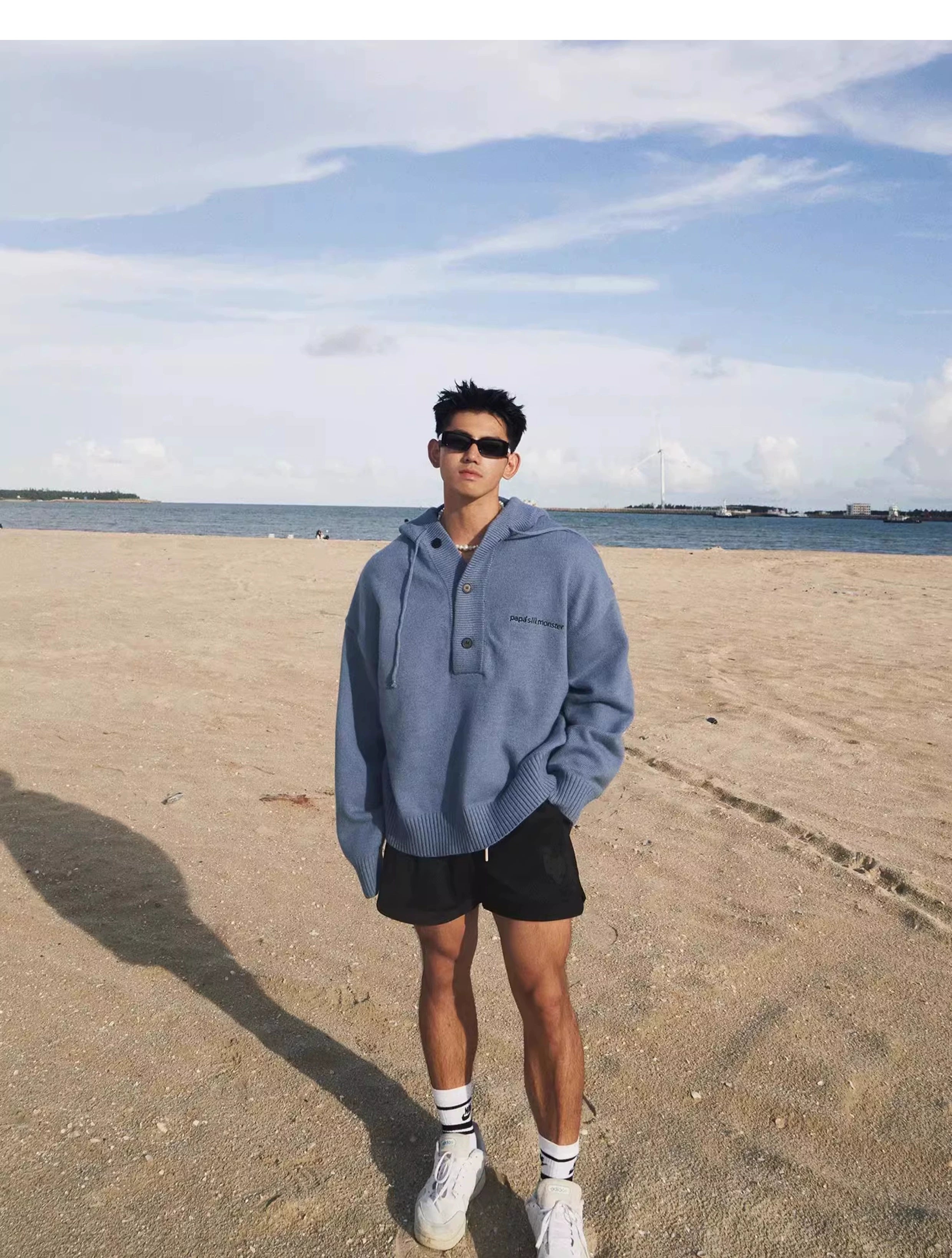 Blue Knit Hooded Henley Sweater
