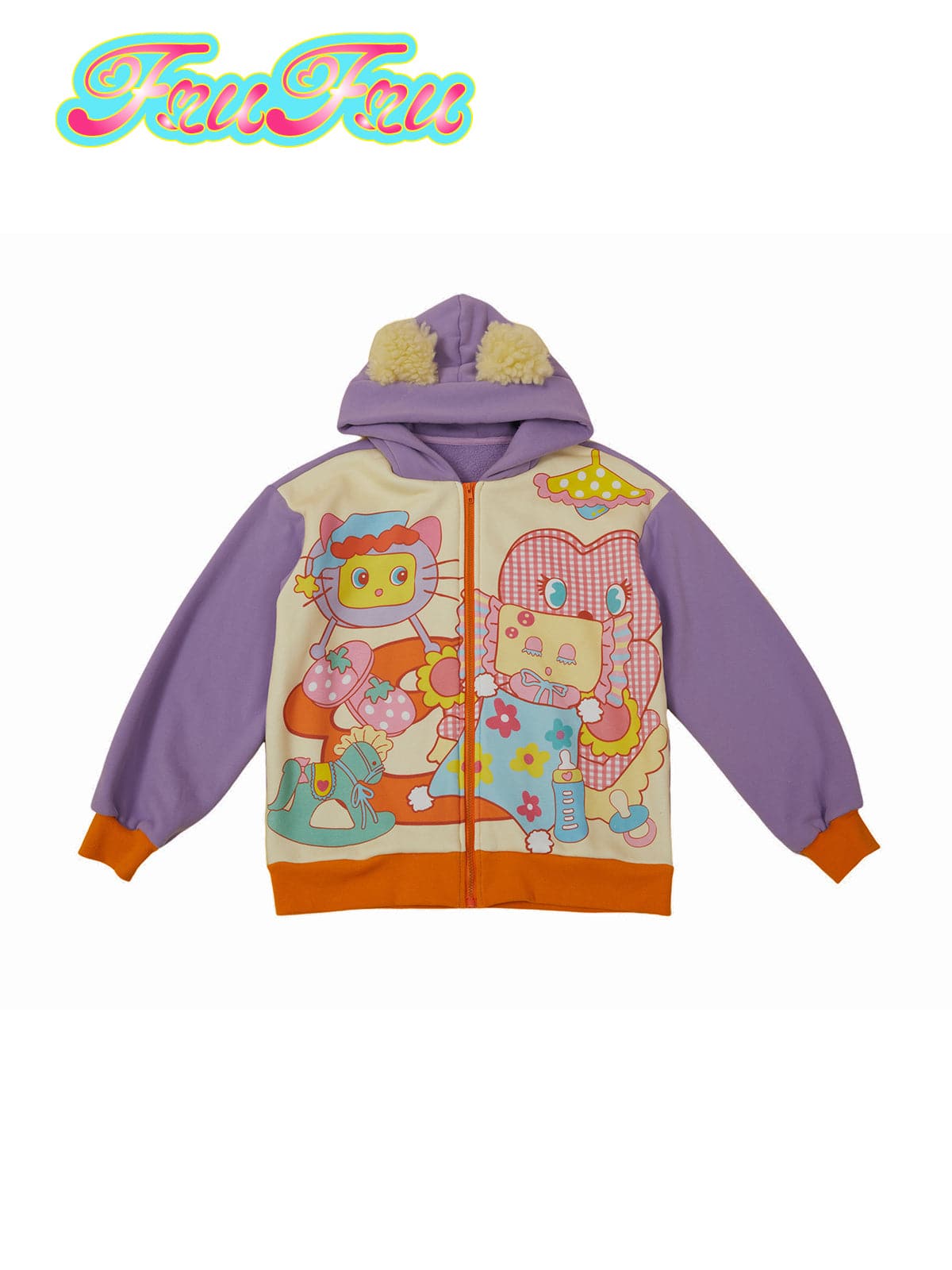 Cartoon Print Fleece-Lined Thick Color-Block Zip Hoodie - chiclara