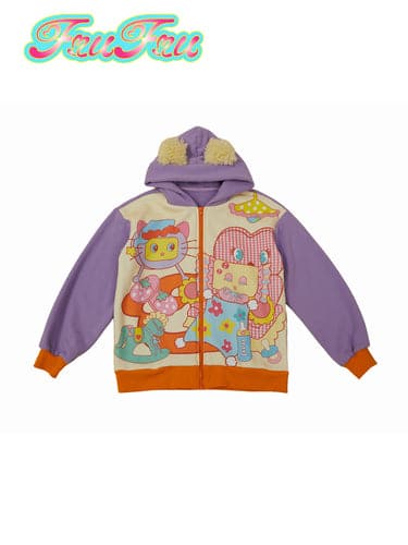 Cartoon Print Fleece-Lined Thick Color-Block Zip Hoodie - chiclara