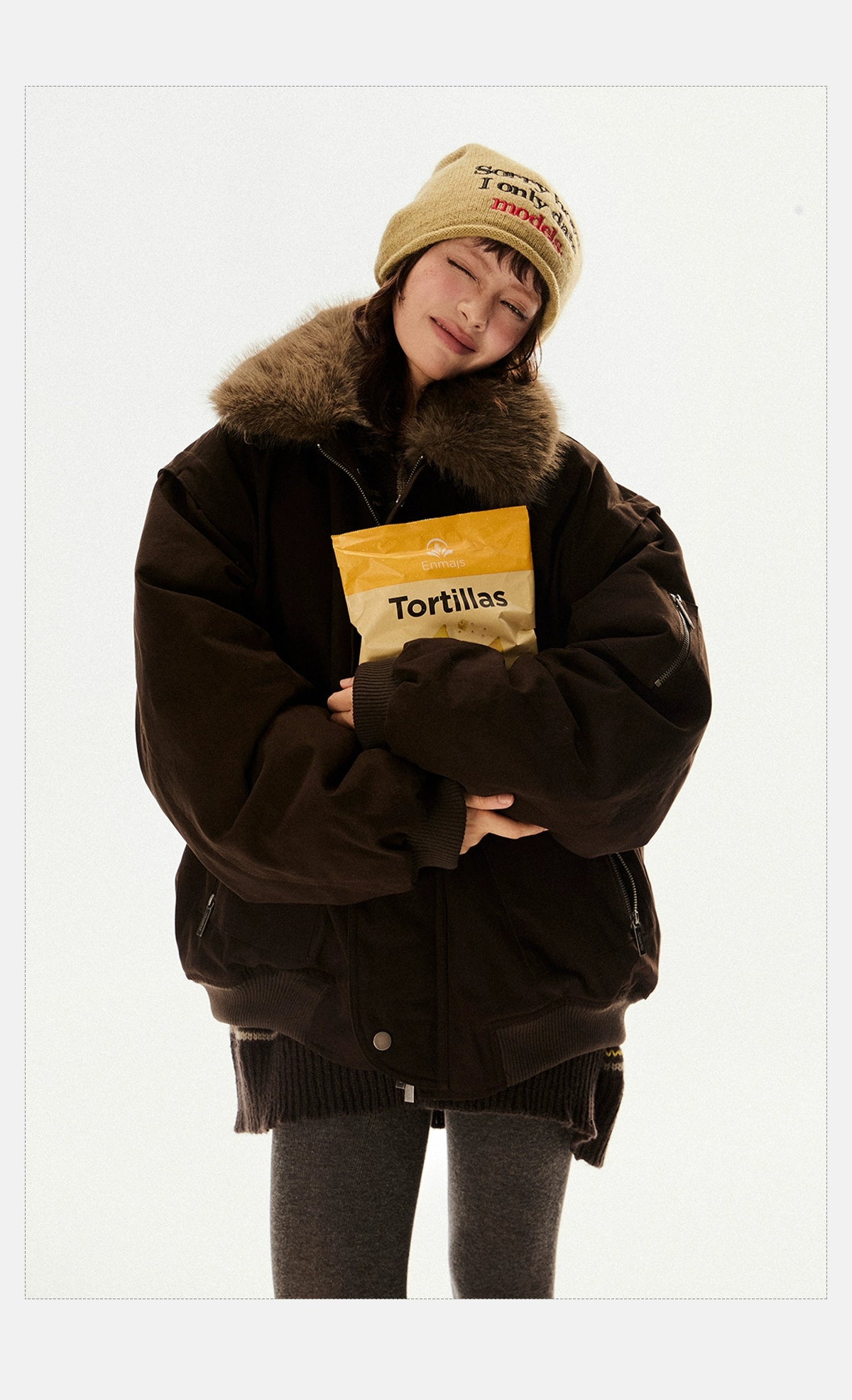 Oversized Faux Fur Collar Dark Brown Jacket