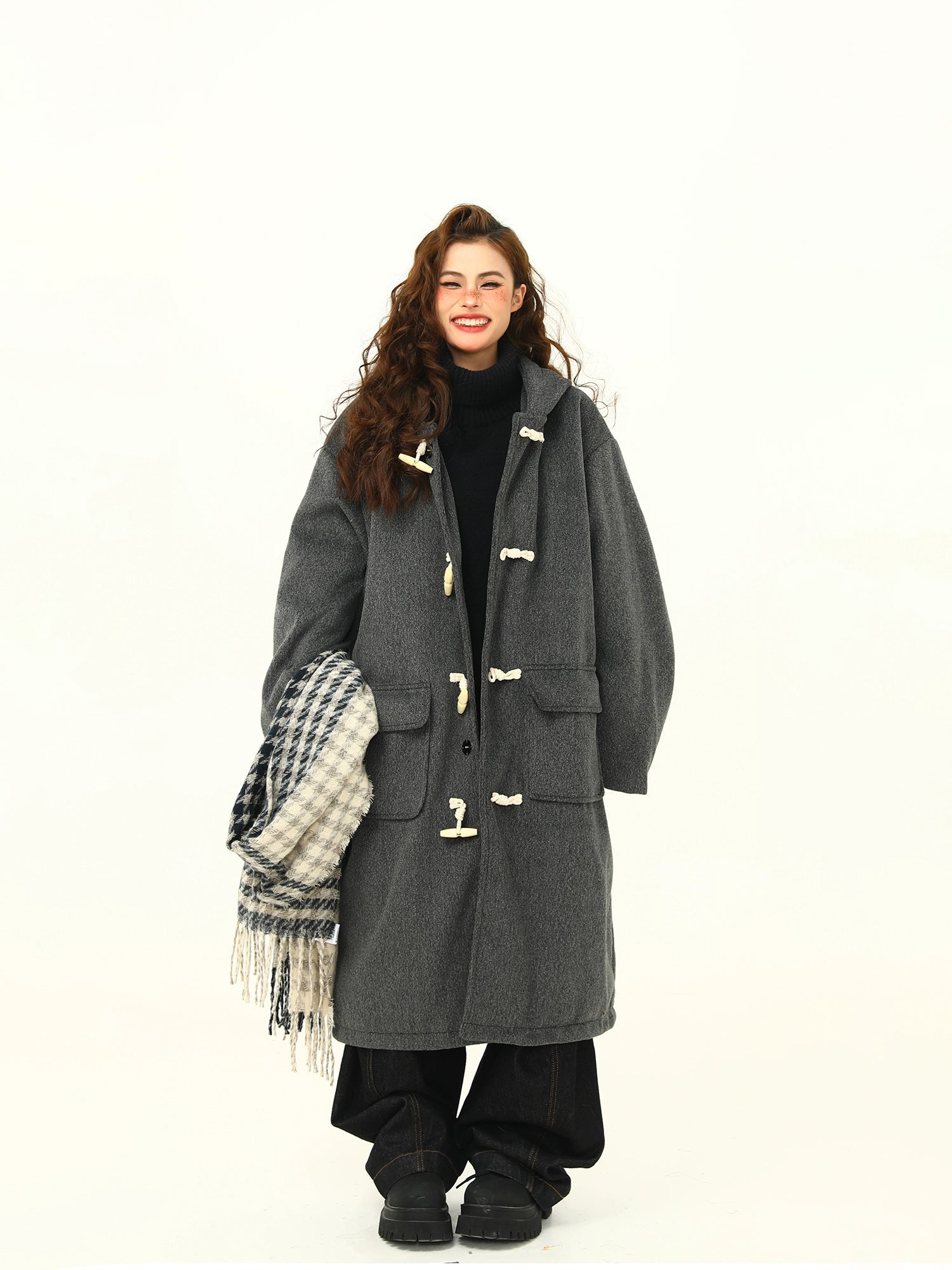 Oversized Charcoal Duffle Coat with Toggle Closures