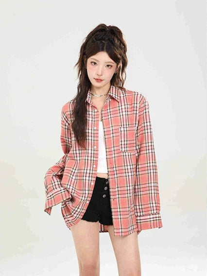 Vintage Loose Blue Plaid Shirt