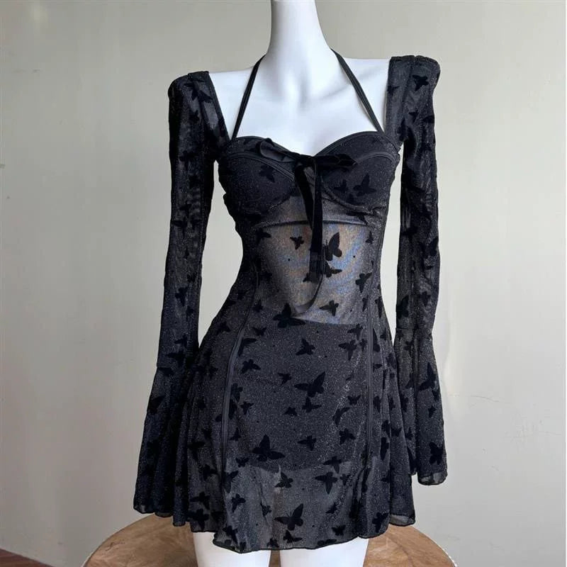 Midnight Flutter Sheer Butterfly Swim Dress