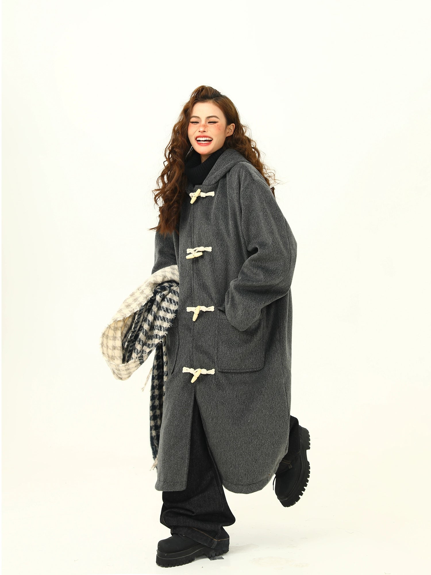 Oversized Charcoal Duffle Coat with Toggle Closures