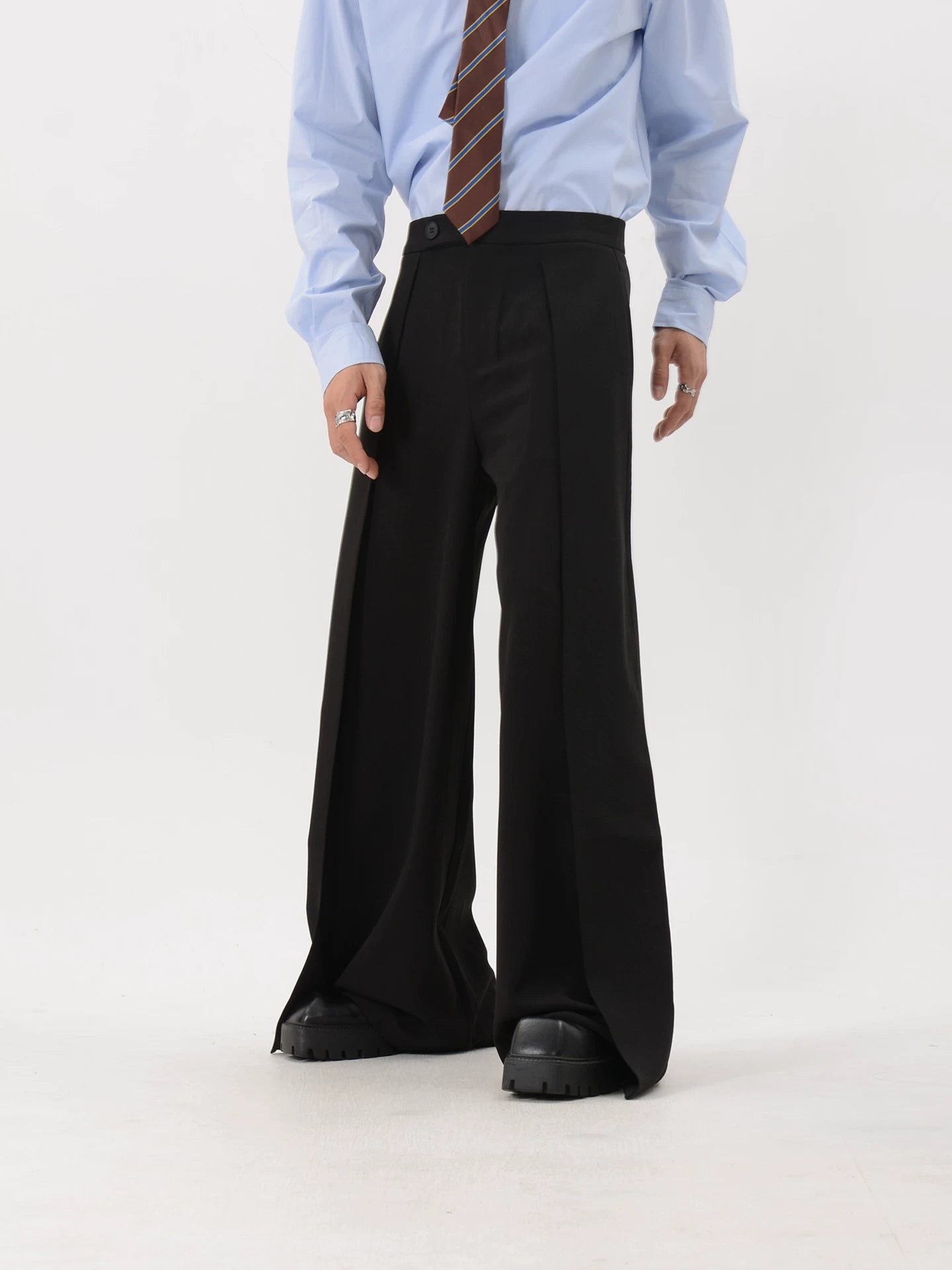 High-Waisted Pleated Ultra-Wide Leg Trousers with Side Slit Panels