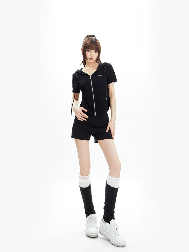 Hooded Zipper Short Sleeve T-shirt