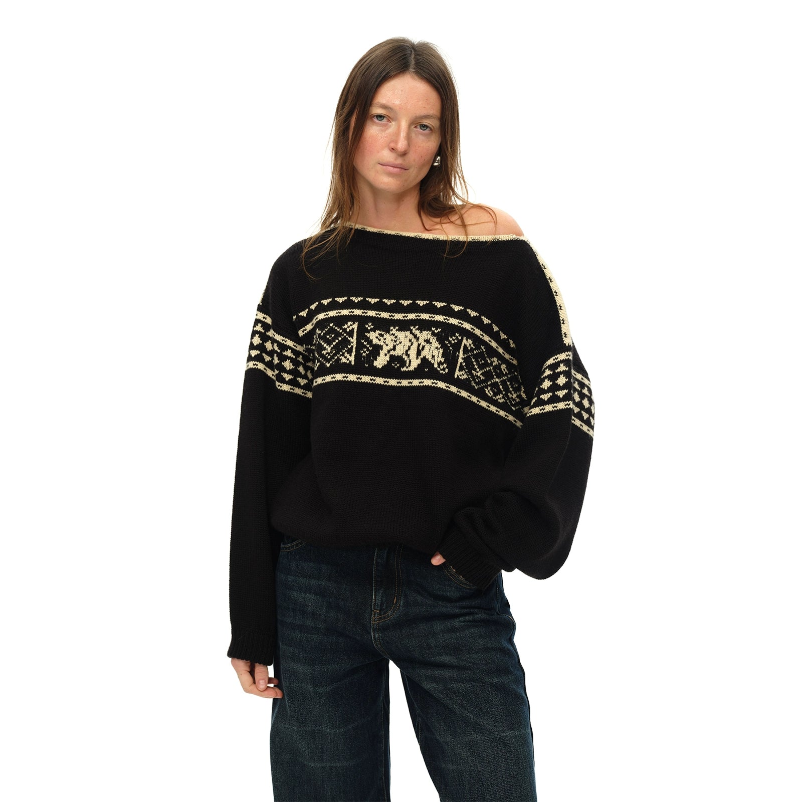 Schwarzer schulterfreier Vintage-Pullover