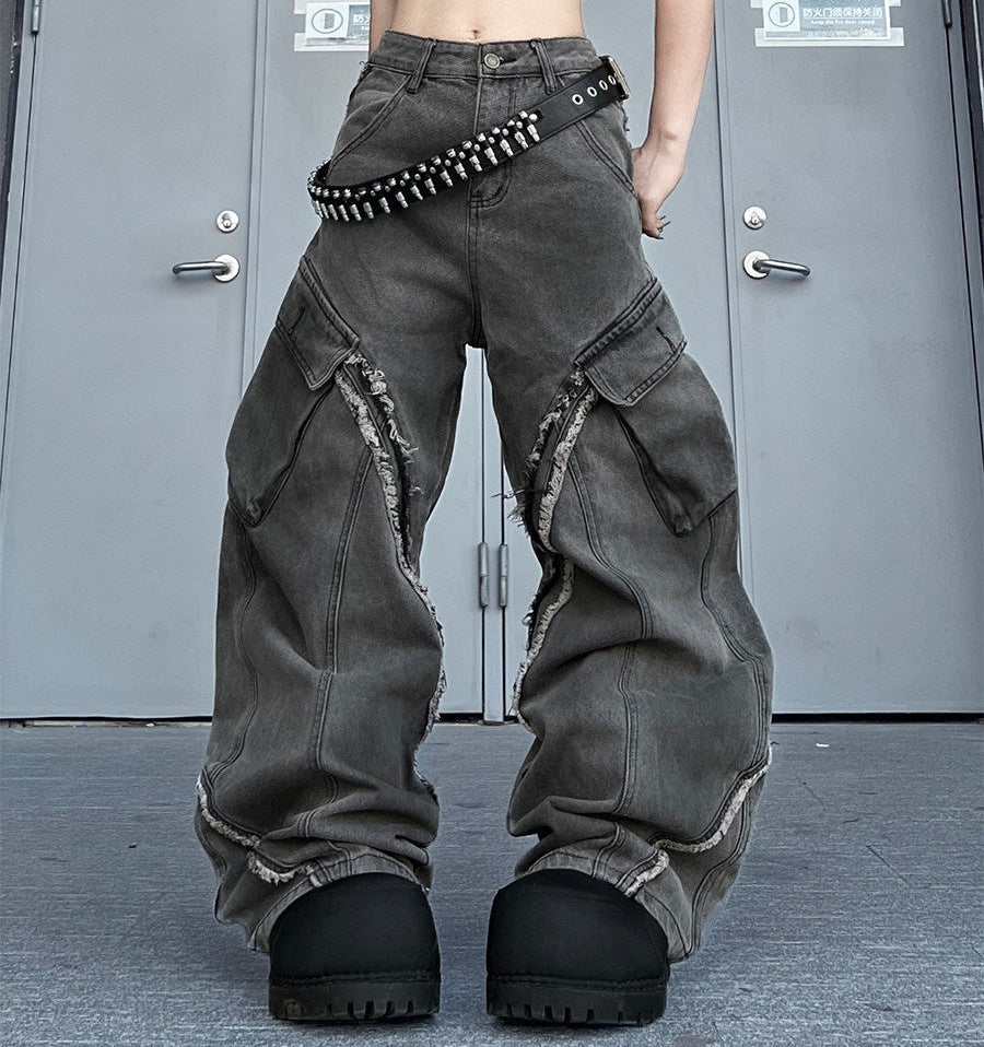 Men's Raw Hem Deconstructed Curved Wide-Leg Jeans