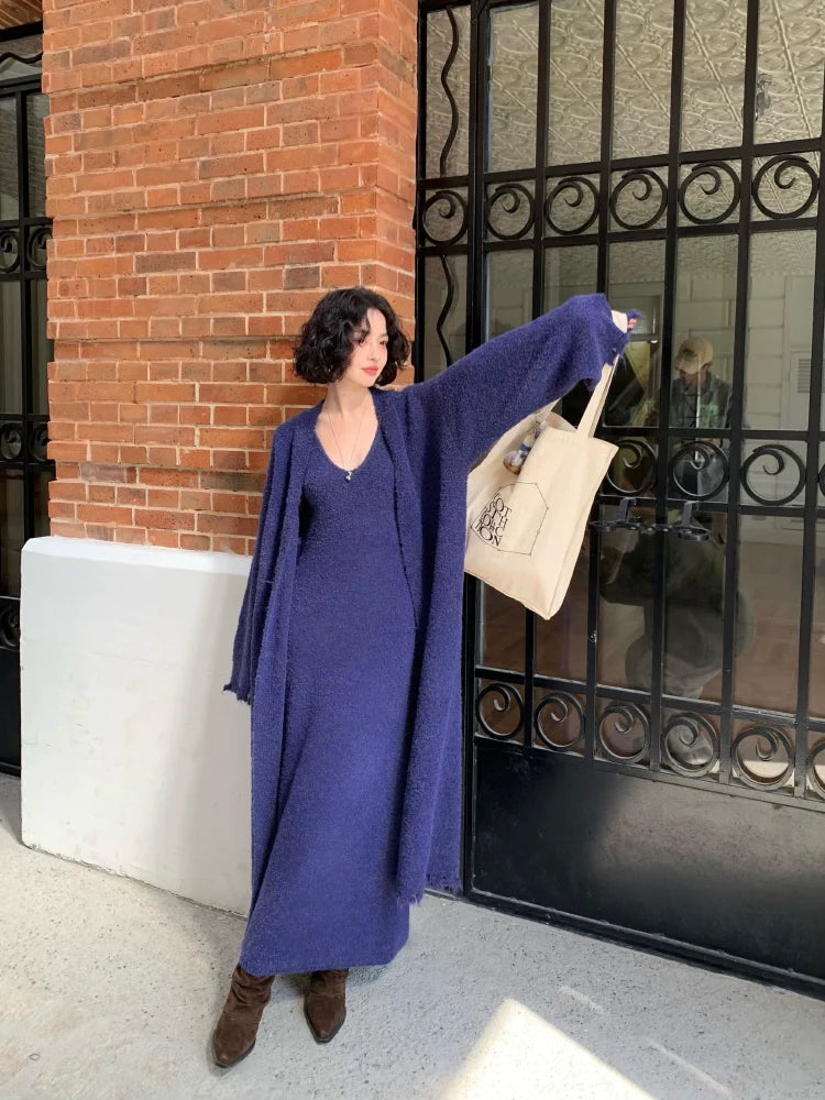 V-Neck Knit Maxi Dress and Long Cardigan Setup