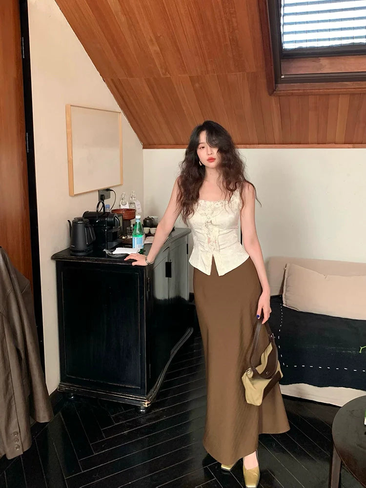 Twill Swing High-Waisted A-Line Midi Skirt