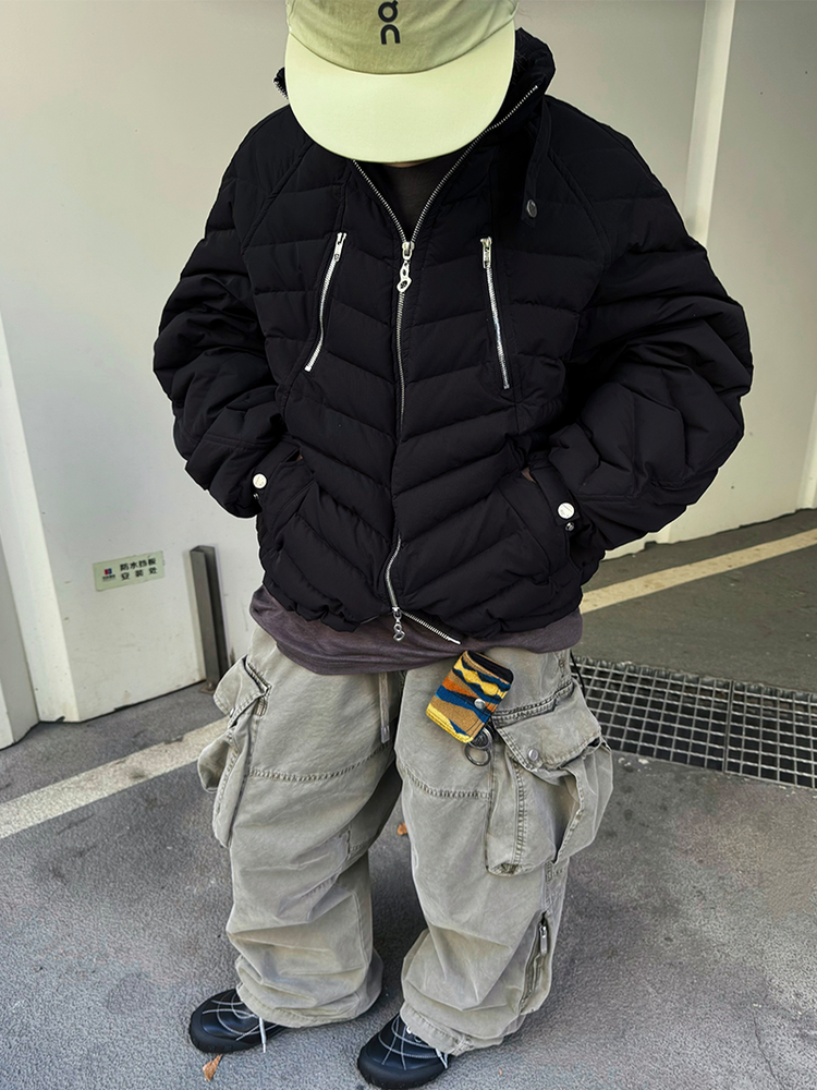 Chevron Quilted Stand Collar Puffer Jacket