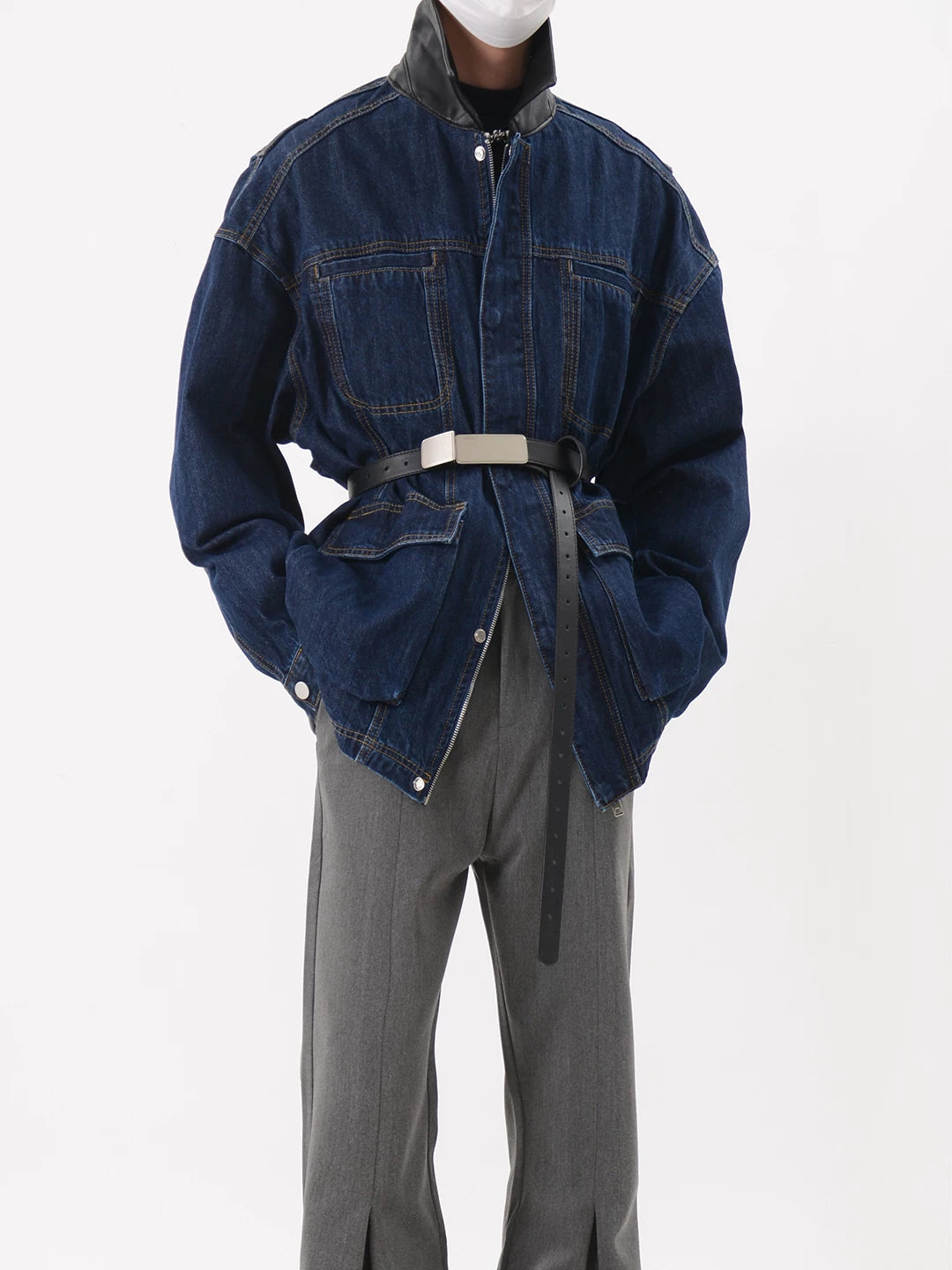 Blue Oversized Belted Denim Utility Jacket