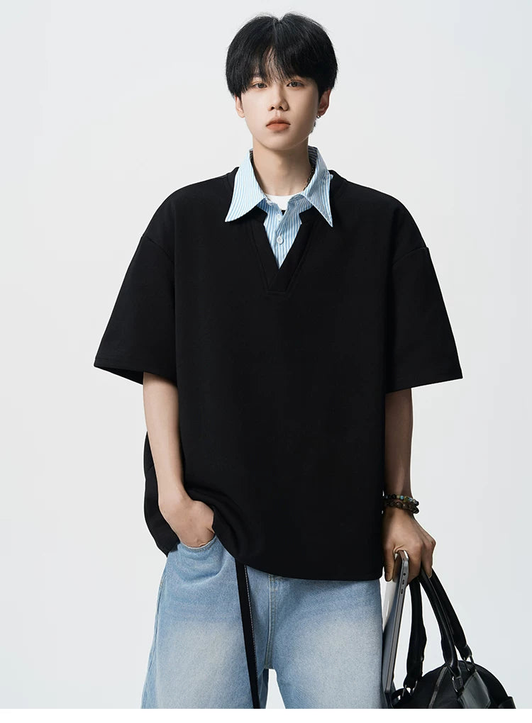 Layered V-Placket Oversize Polo Tee