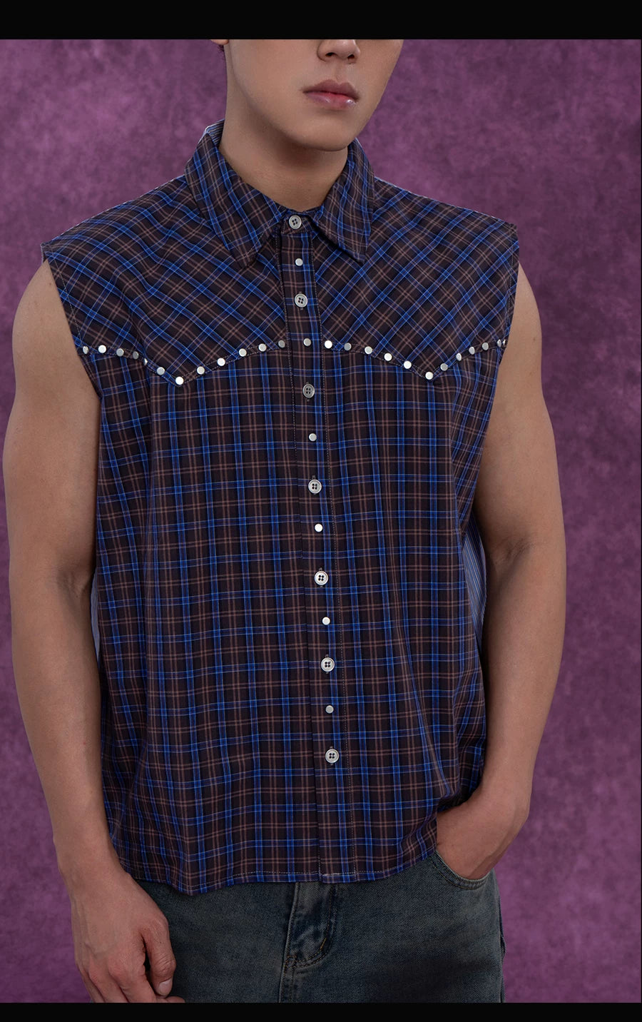 Midnight Rodeo Studded Plaid Sleeveless Shirt