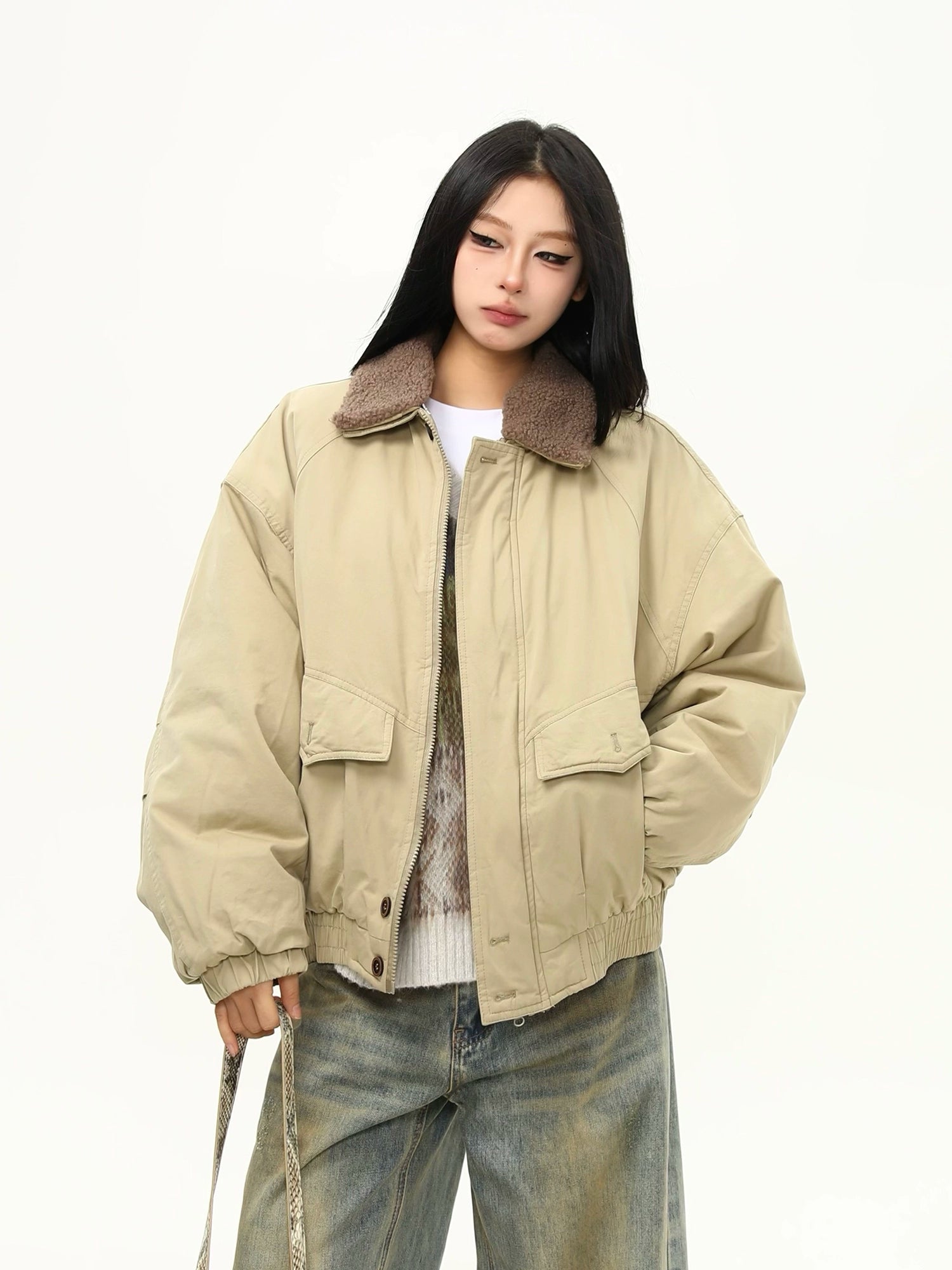 Sand Dune Sherpa-Collar Bomber Jacket