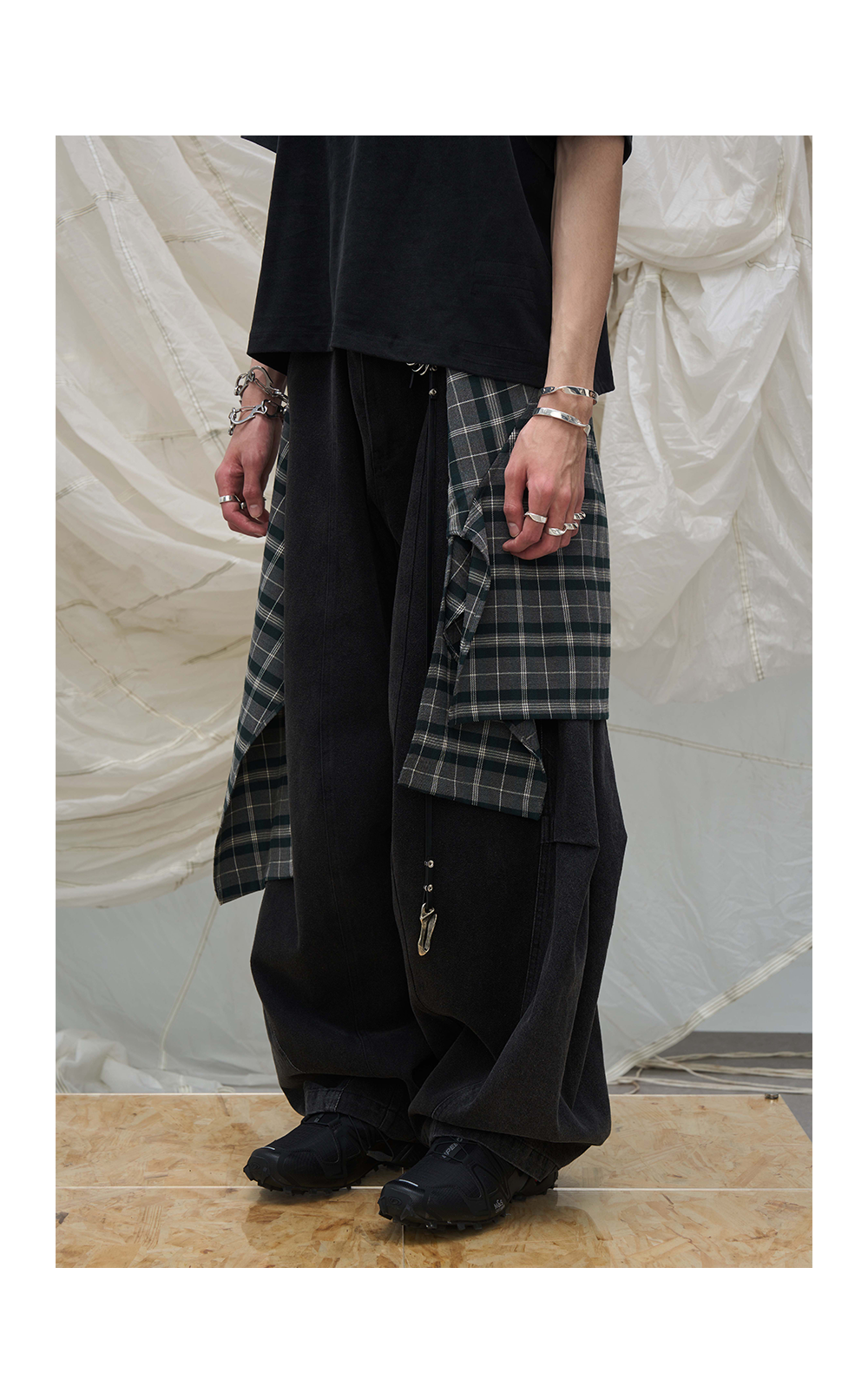 Layered Plaid Balloon Denim Pants