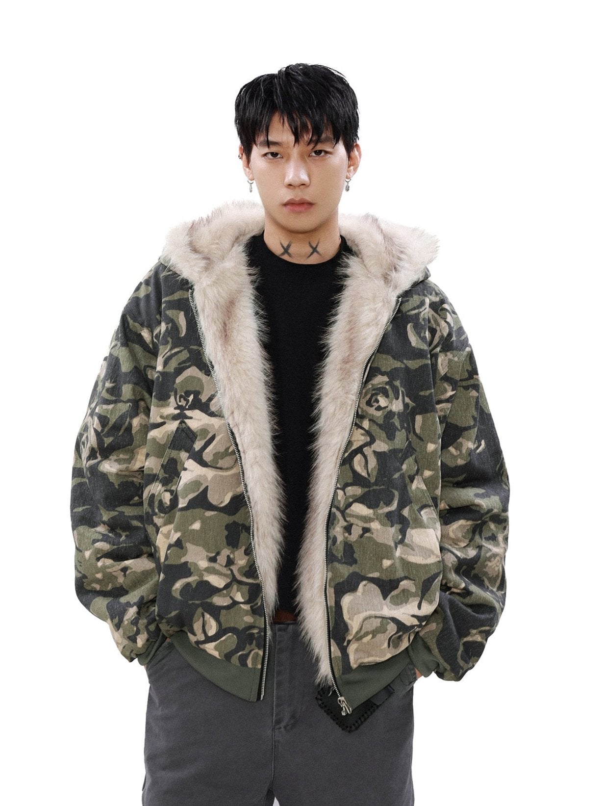 Camouflage Puffer Jacket with Fur-Lined Hood