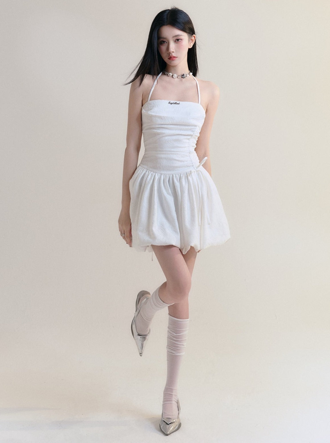 Angelic White Halter Mini Sundress with Ruched Bodice