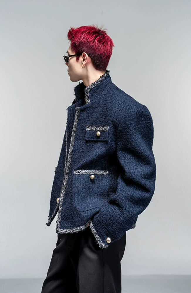 Navy Blue Tweed Cropped Jacket with Frayed Trim