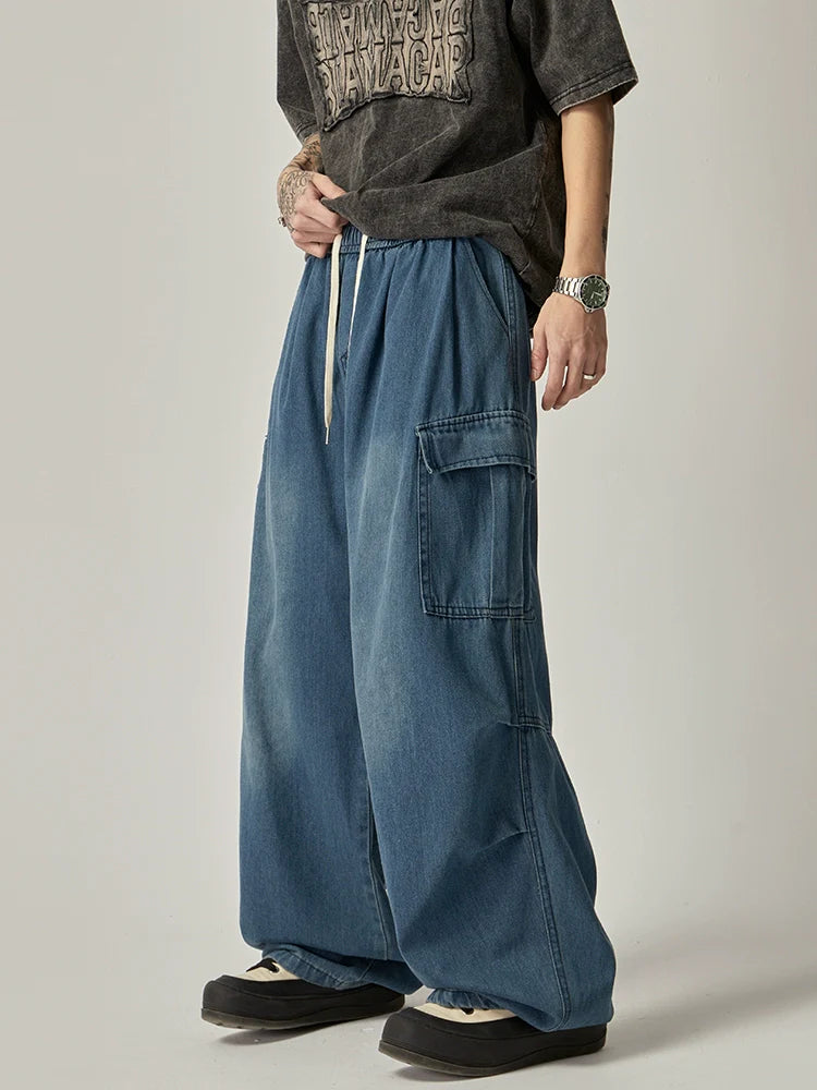 Wide-Leg Washed Black Cargo Jeans with Drawstring Waist