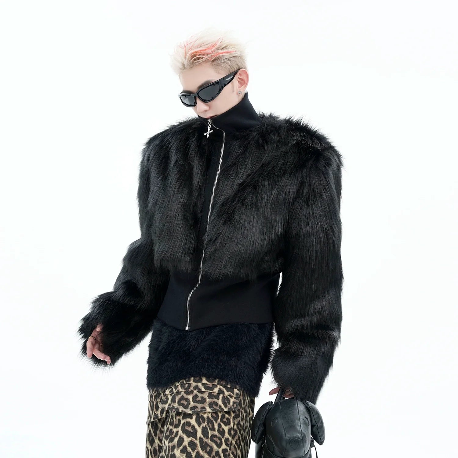 High Neck Olive Fur Panel Jacket
