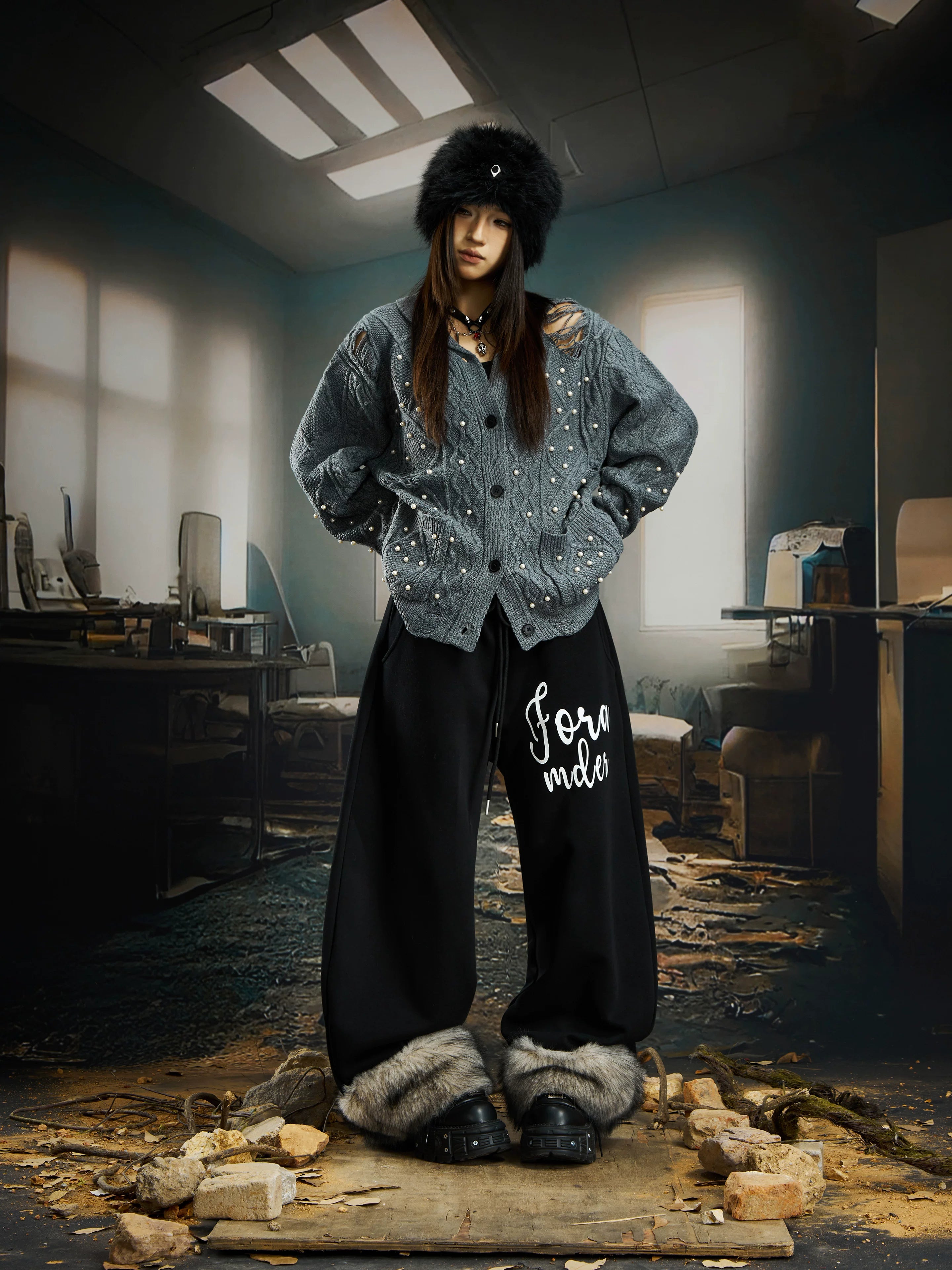 Frostbound Script Fleece‑Cuff Lounge Pants