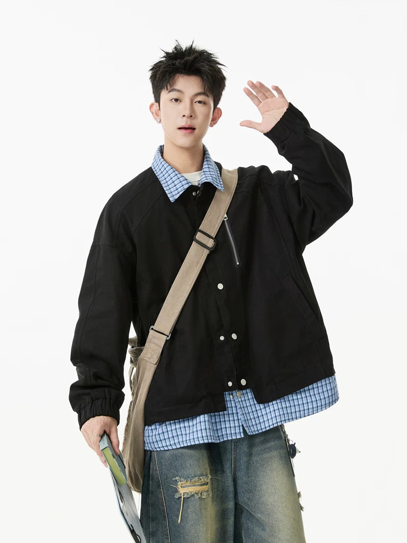 Grid-Collar Layered Coach Jacket