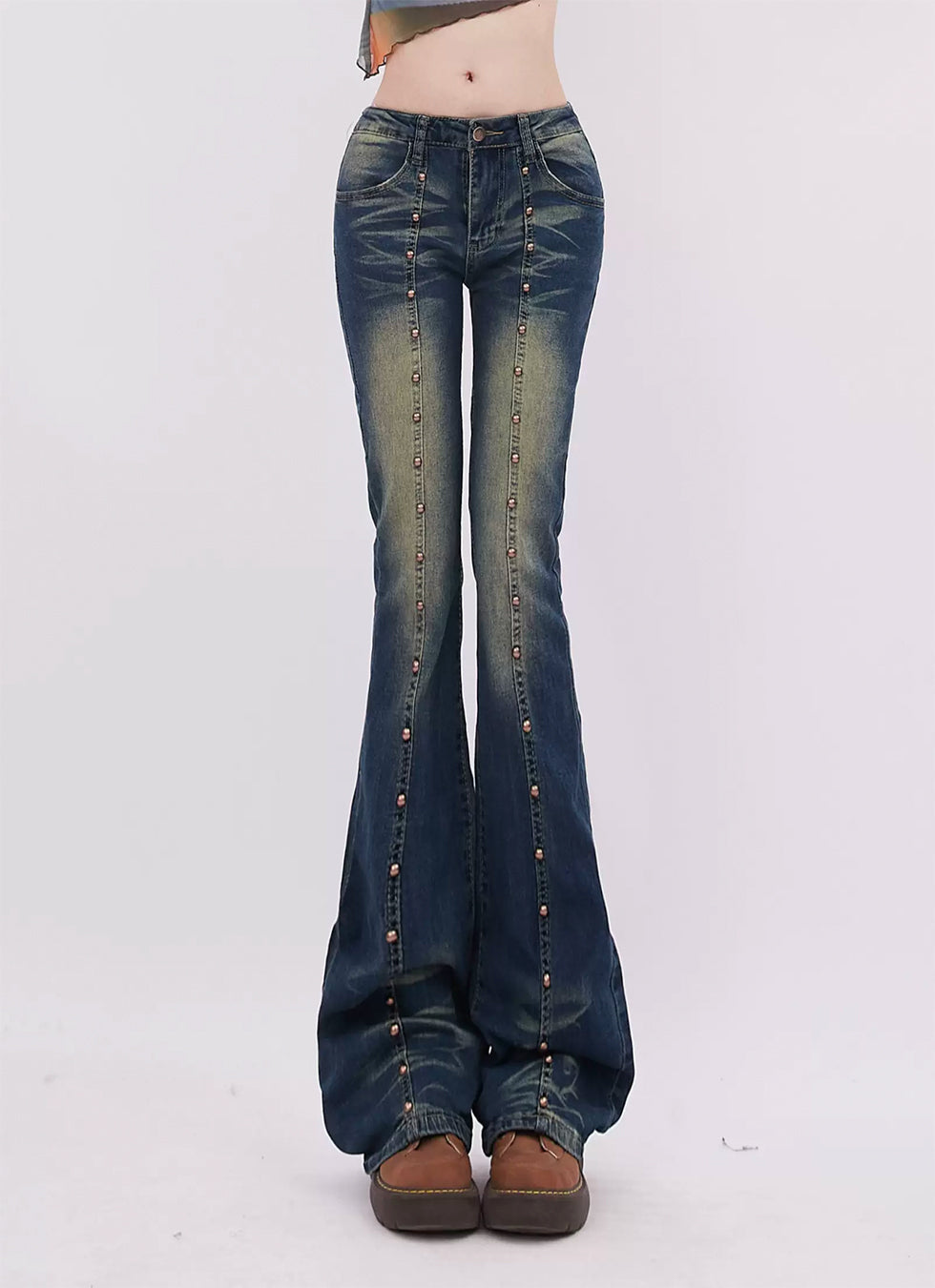 Riveted Stitched Micro Flare Jeans - chiclara