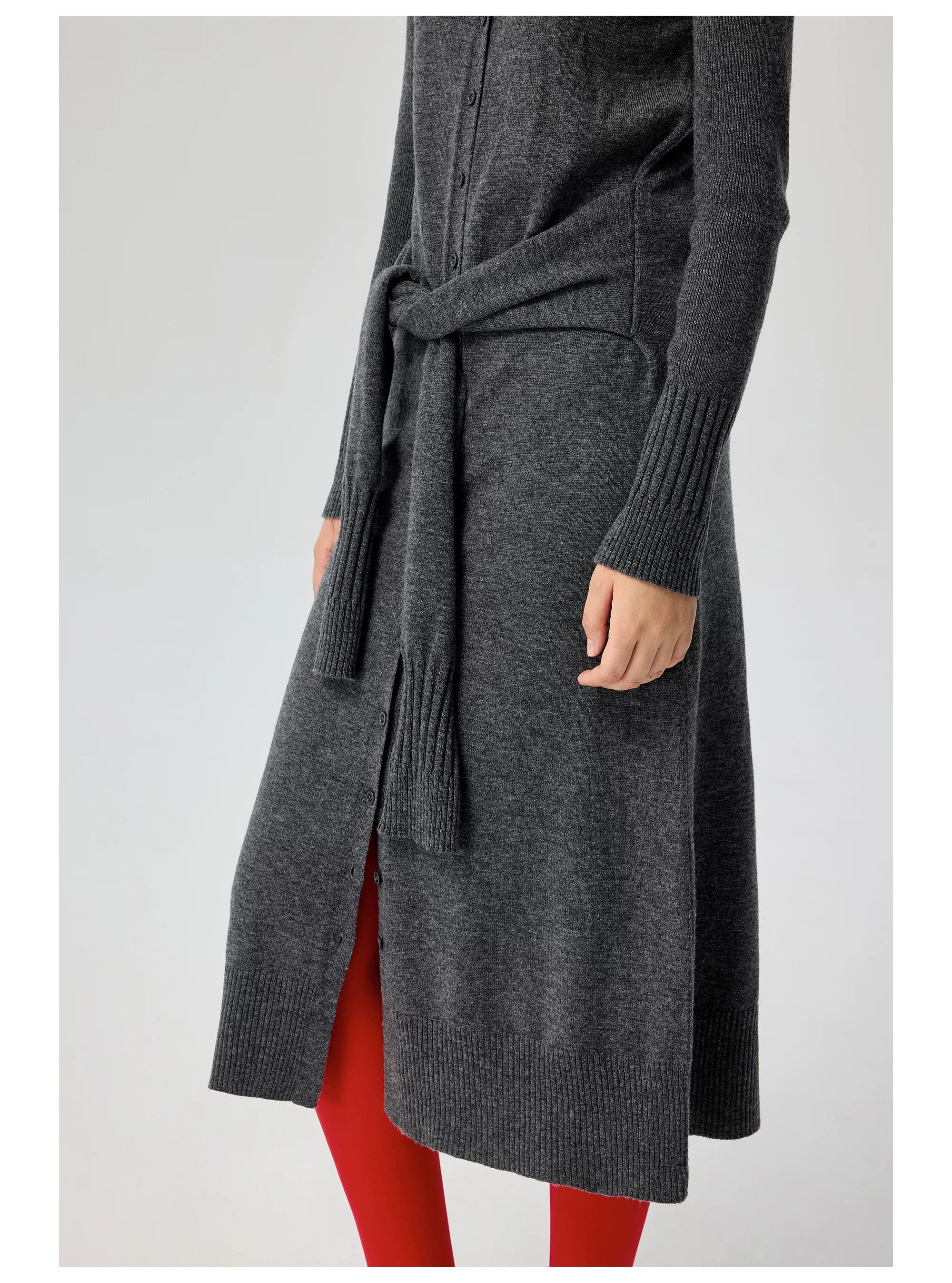 Button-Front Knit Midi Dress with Waist Tie