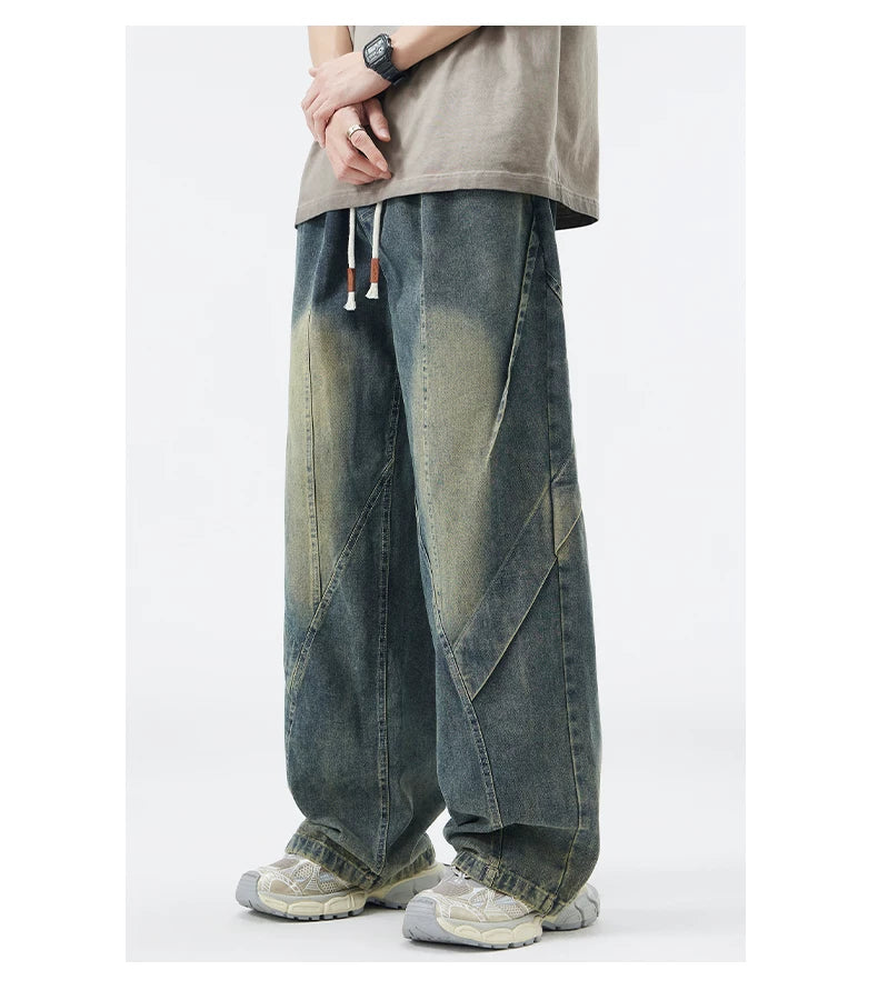 Paneled Drawstring Wide-Leg Jeans