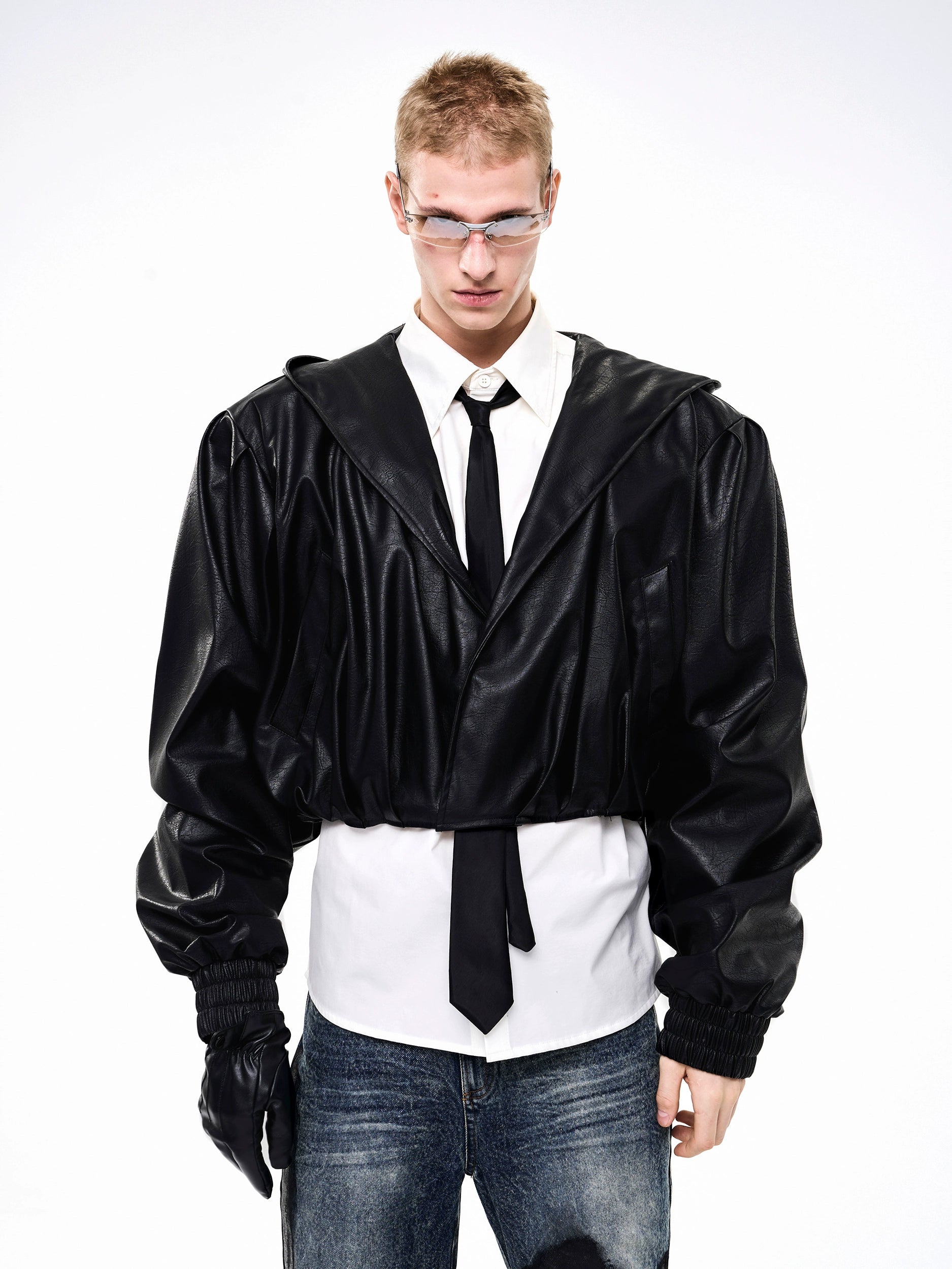 Oversized Hooded Cropped Leather Jacket